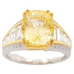 Zafiro Amarillo No Calentado Certificado GIA 5cts con Anillo de Diamantes en Oro Blanco de 18K