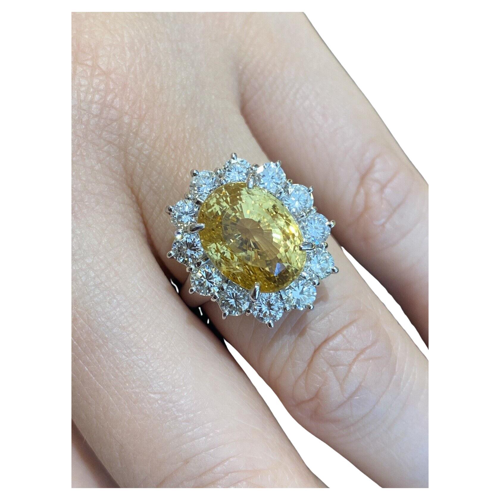 GIA Certified Unheated Yellow Sapphire 9.97 Carat and Diamond Ring in Platinum For Sale