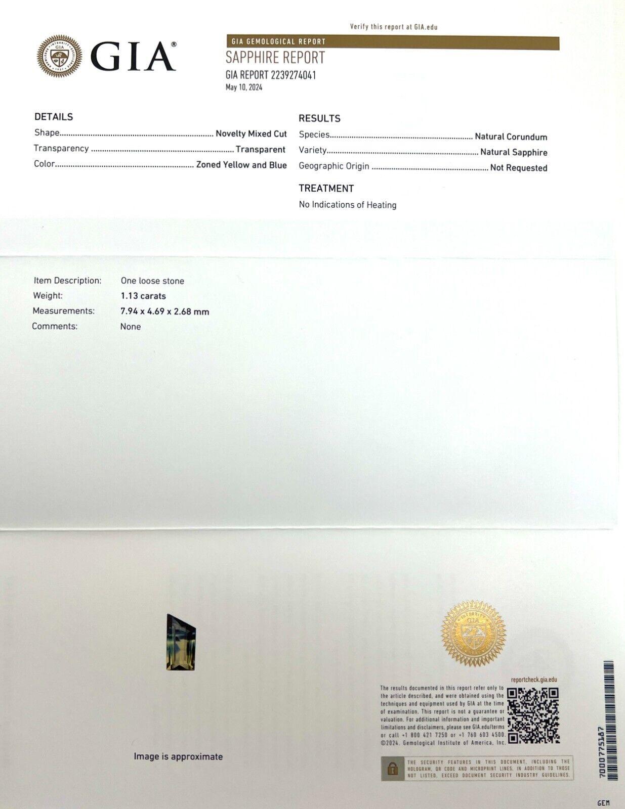 Gia Certified Unique 1.13ct Bi Colour Sapphire Bi Colour Untreated Fancy Cut Gem

GIA Certified Untreated Yellow Blue Bi Colour Sapphire Gemstone.
1.13 Carat natural sapphire with a unique yellow and blue bi colour effect. Patches of intense blue