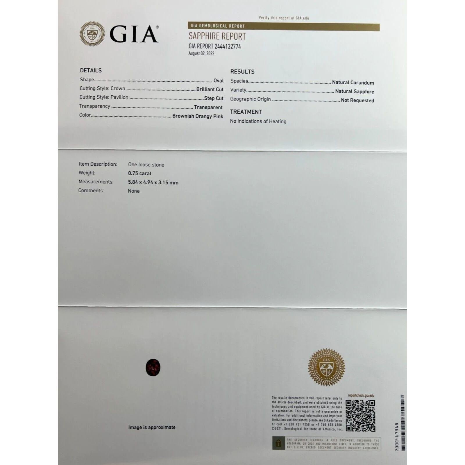 GIA-zertifizierter einzigartiger orange-rosa unerhitzter Saphir 0,75 Karat Ovalschliff Edelstein ohne Hitze im Angebot 2