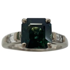 GIA Certified Untreated Asscher Sapphire Diamond 18k White Gold Three Stone Ring