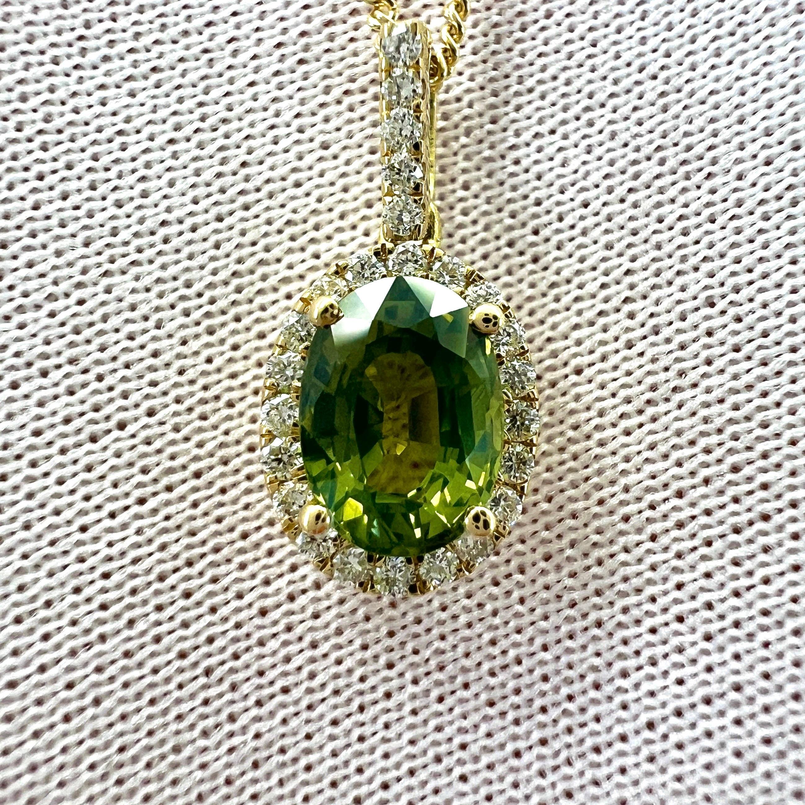 GIA Certified Untreated Australian Green Sapphire 18k Gold Diamond Halo Pendant For Sale 4