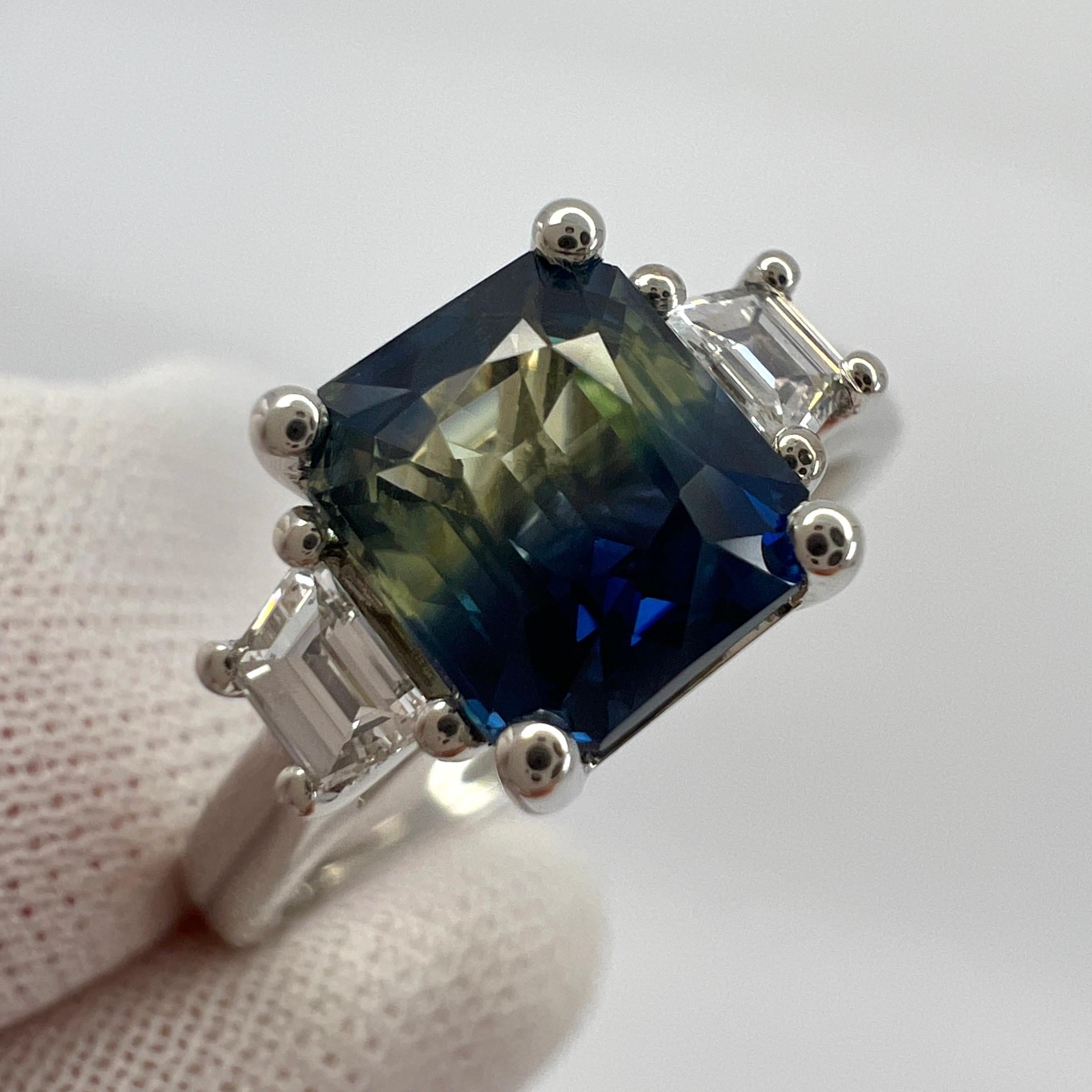 ITSIT Natural Parti Colour Untreated Australian Sapphire 18k White Gold Three Stone Ring.

Rare GIA Certified 1.70 Carat Australian sapphire with a stunning blue yellow/green bi colour effect. Very rare and beautiful to see, similarly seen in
