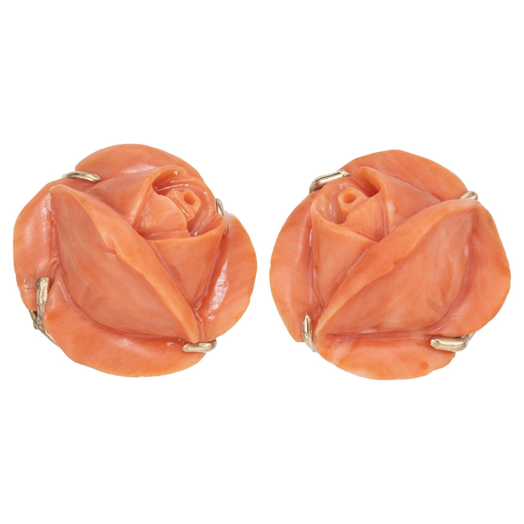 GIA Certified Untreated Carved Coral Yellow Gold Flower Earrings For Sale