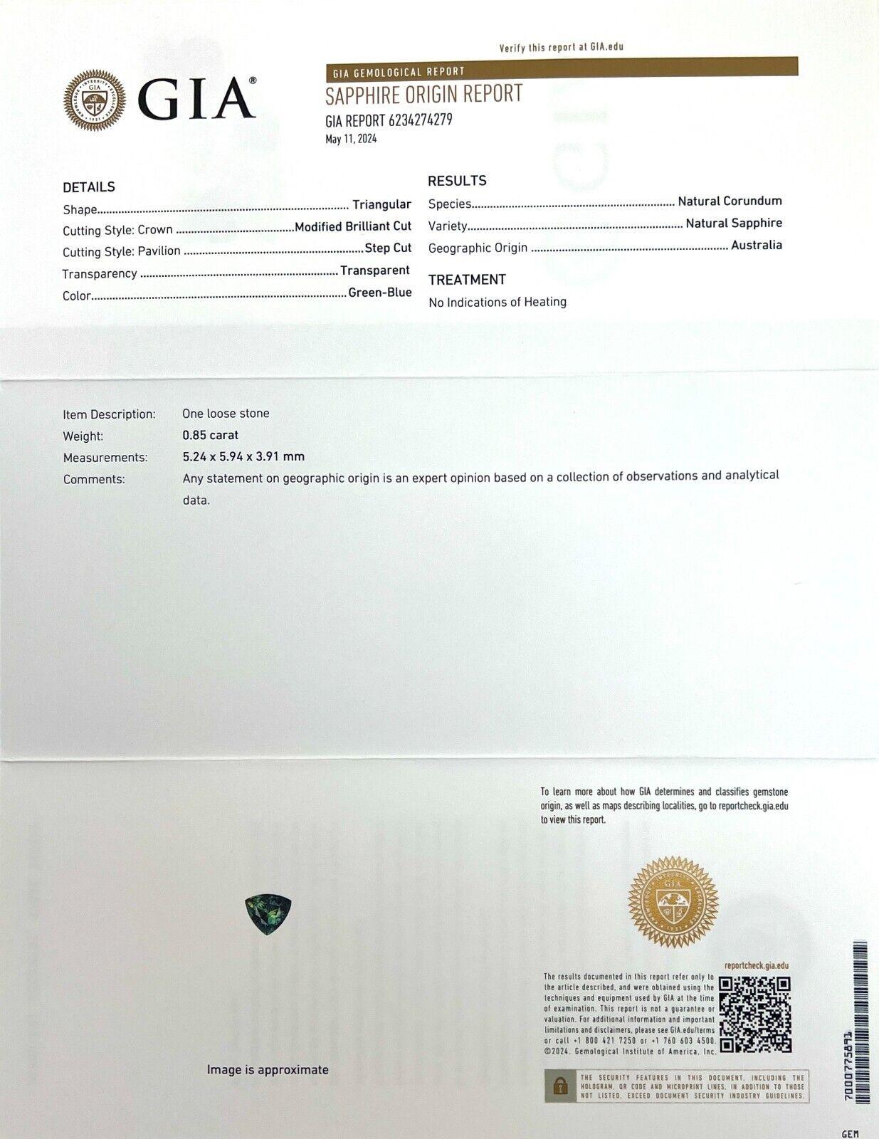 Gia Certified Untreated Green Blue Australian Sapphire 0.85ct Triangle Cut Gem

GIA Certified Untreated Green Blue Triangle Australian Sapphire Gemstone.
0.85 Carat unheated sapphire with a fine vivid green blue colour and very good clarity, a very