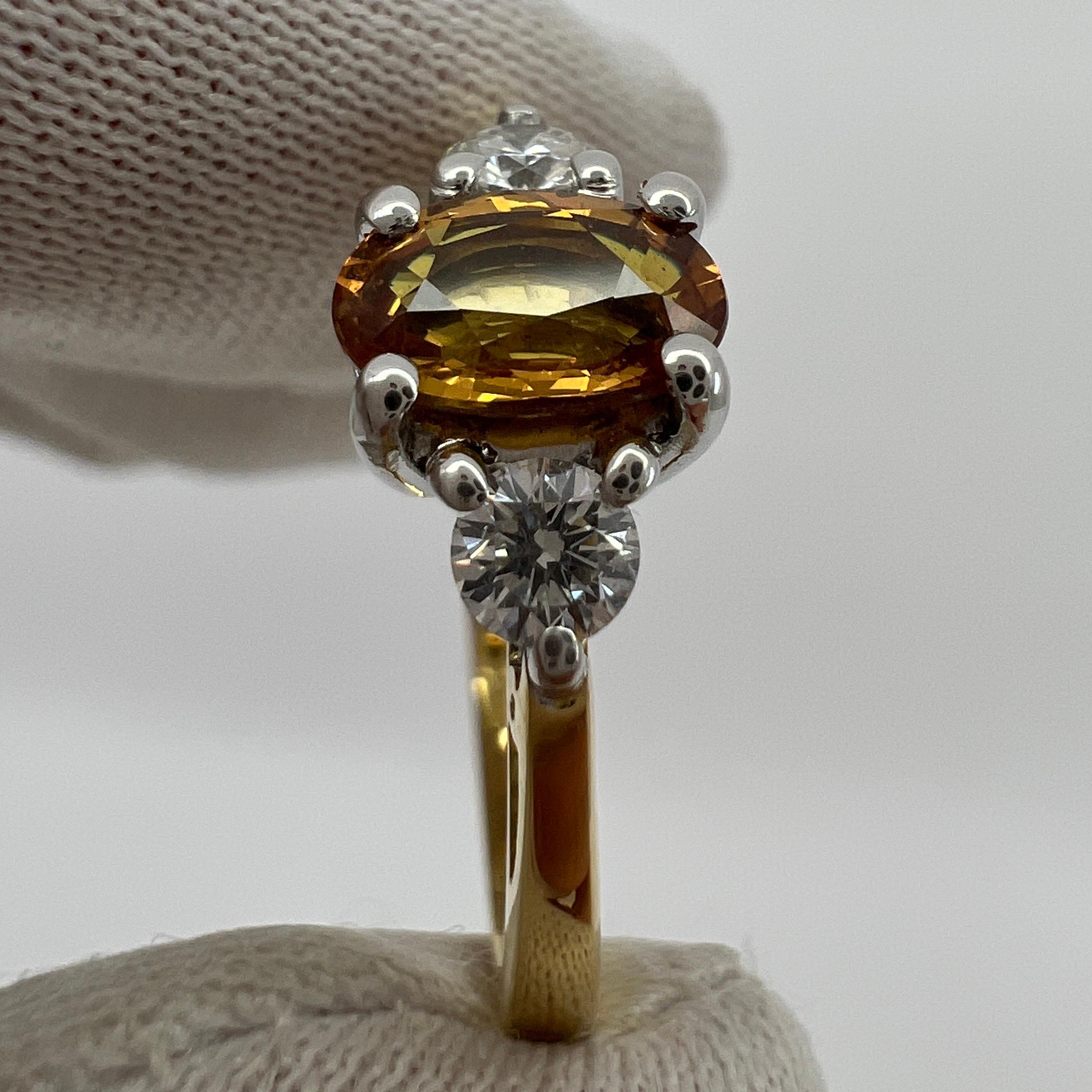 GIA Certified Untreated Orange Sapphire & Diamond Three Stone 18k Gold Ring For Sale 5