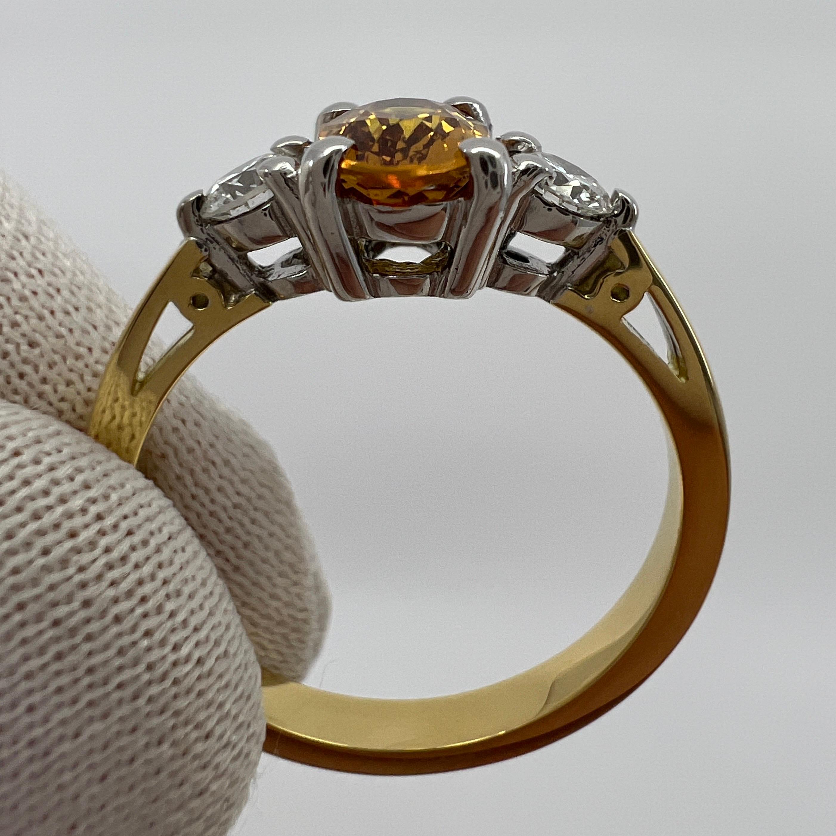 GIA Certified Untreated Orange Sapphire & Diamond Three Stone 18k Gold Ring For Sale 6