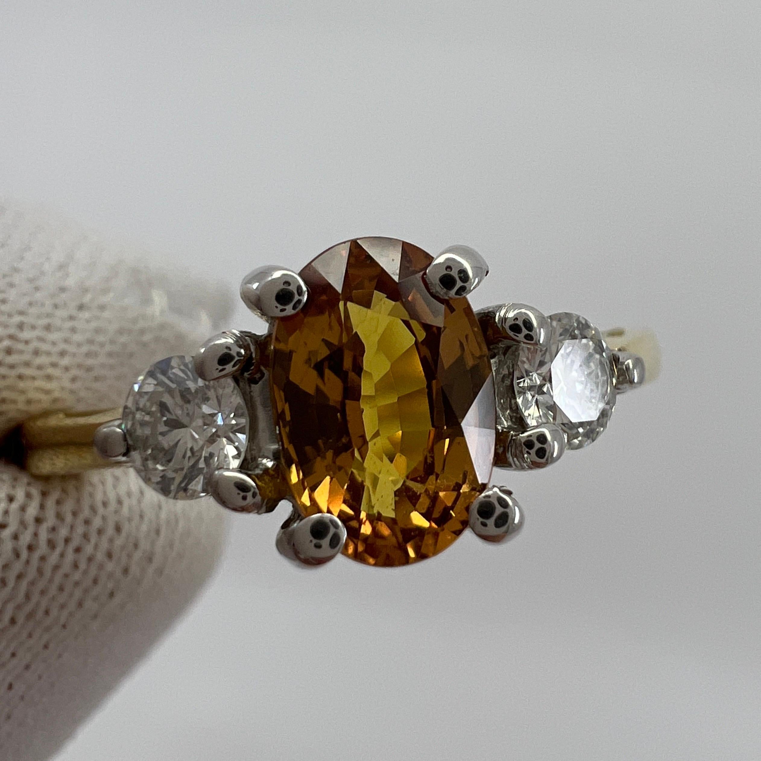 GIA Certified Untreated Orange Sapphire & Diamond Three Stone 18k Gold Ring For Sale 7