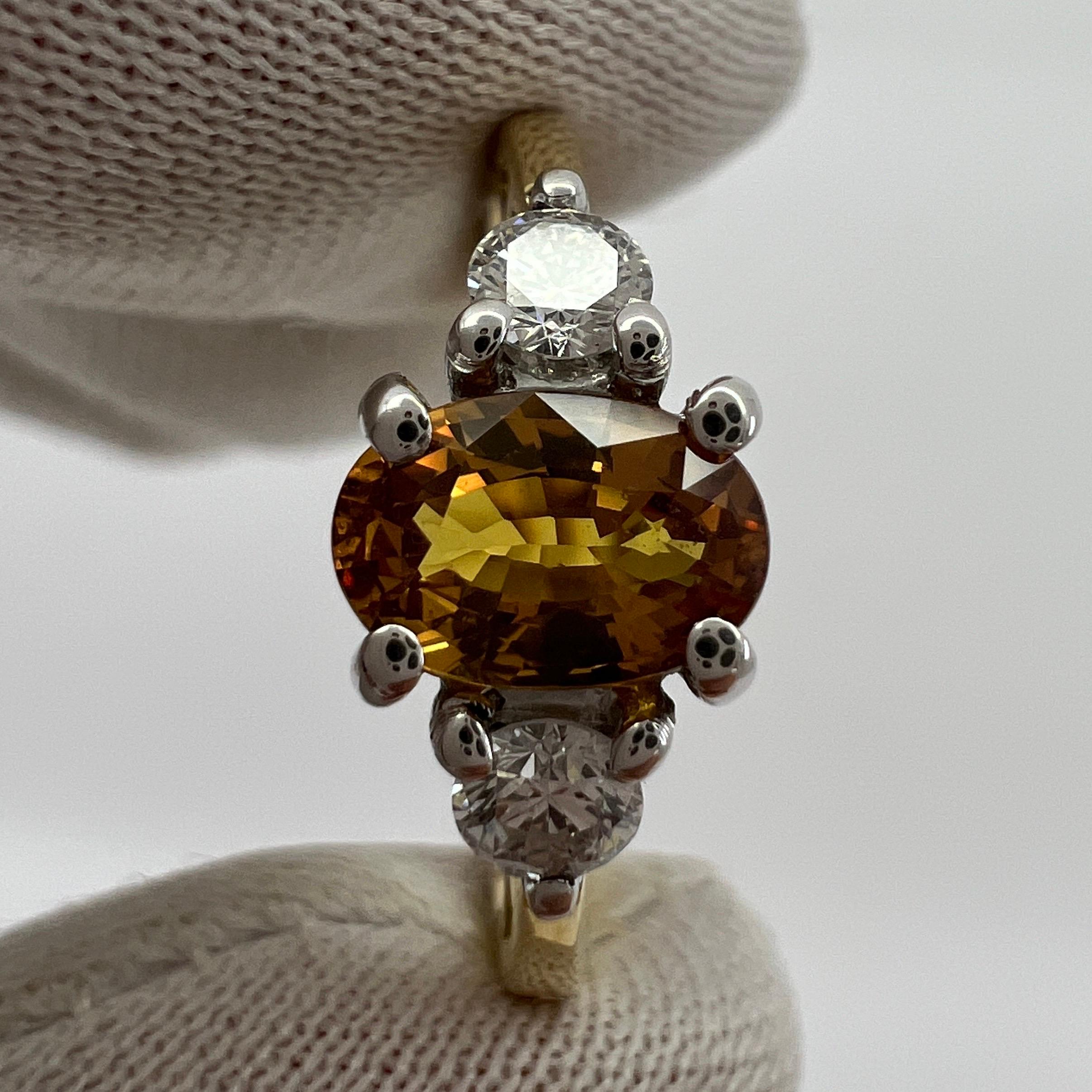 Women's or Men's GIA Certified Untreated Orange Sapphire & Diamond Three Stone 18k Gold Ring For Sale