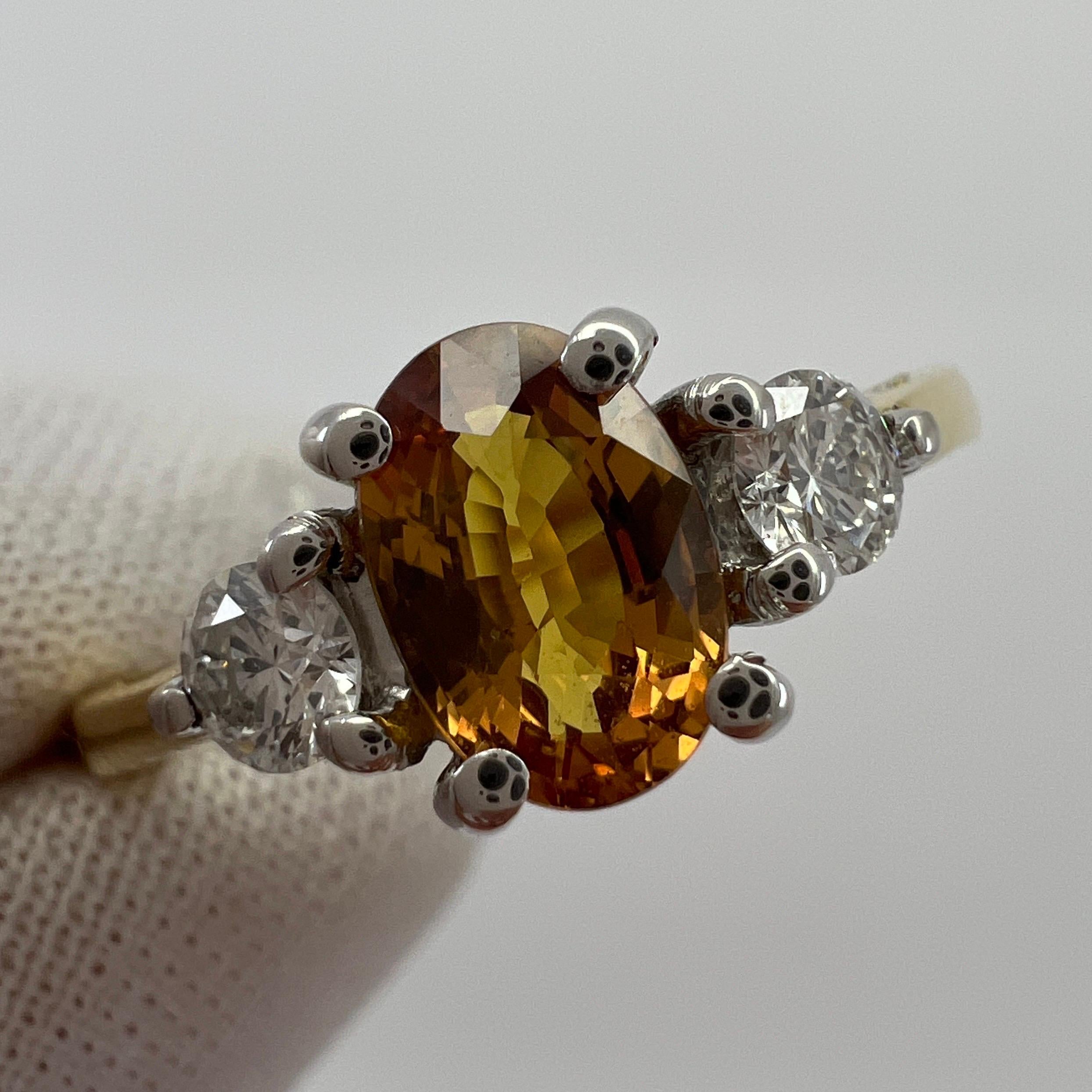 GIA Certified Untreated Orange Sapphire & Diamond Three Stone 18k Gold Ring For Sale 1