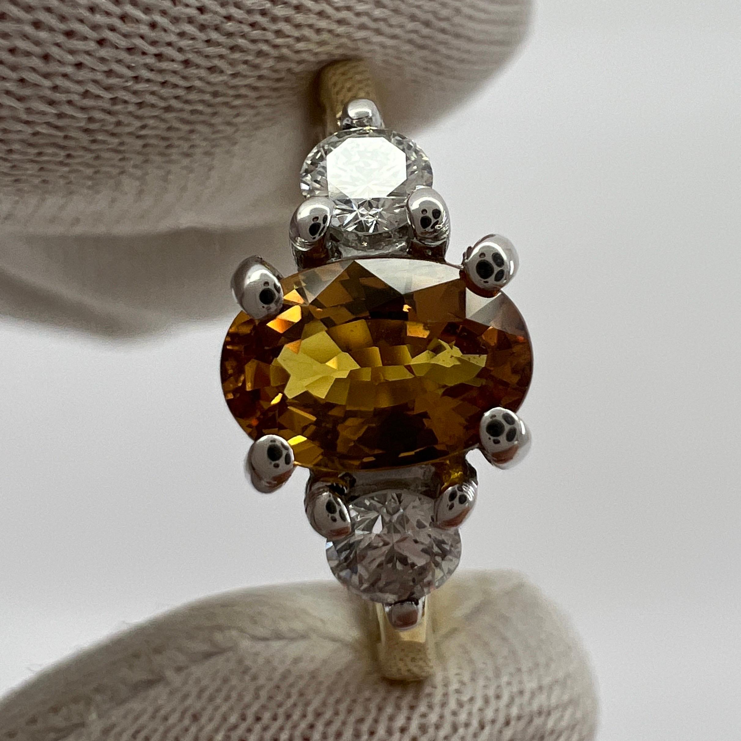 GIA Certified Untreated Orange Sapphire & Diamond Three Stone 18k Gold Ring For Sale 2