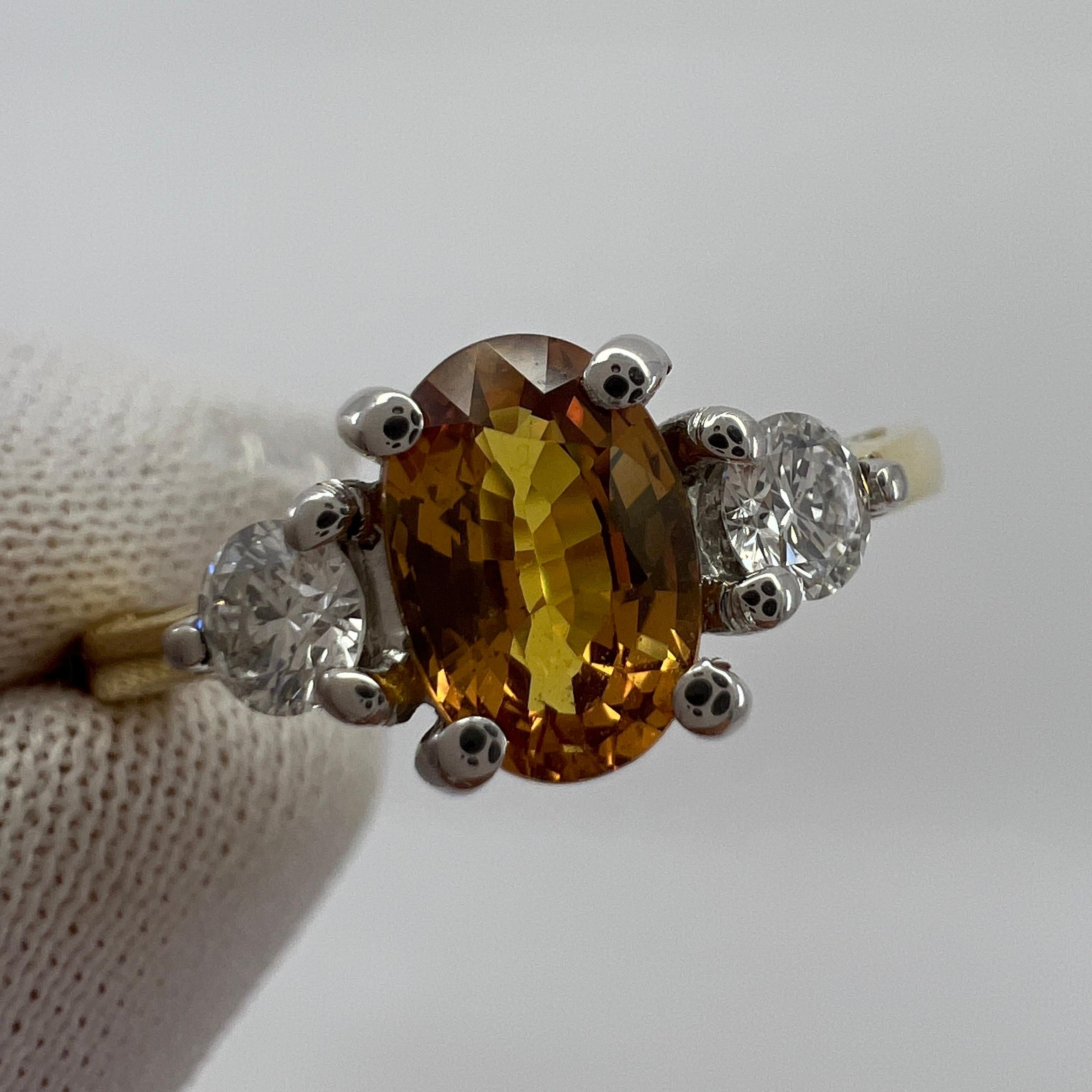 GIA Certified Untreated Orange Sapphire & Diamond Three Stone 18k Gold Ring For Sale 3