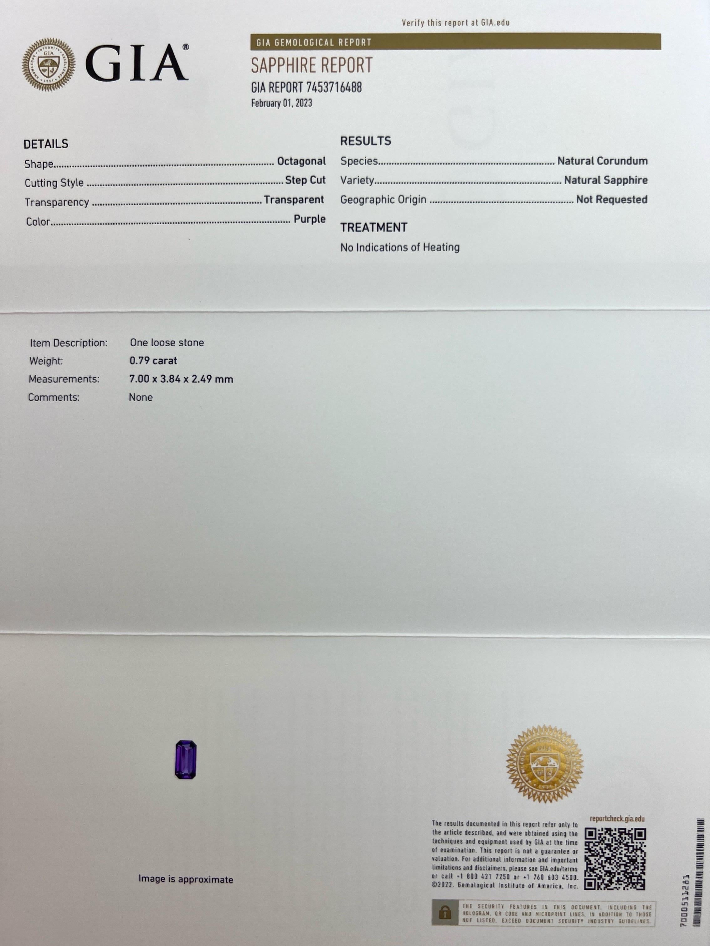 GIA zertifiziert natürlichen unbehandelten lebendigen lila Saphir 18k Gelbgold Signet Stil Solitär Ring.

Wunderschöner, unbehandelter Saphir von 0,79 Karat mit tiefem, lebhaftem Purpur und exzellentem Smaragd-Achteckschliff. Auch hat eine