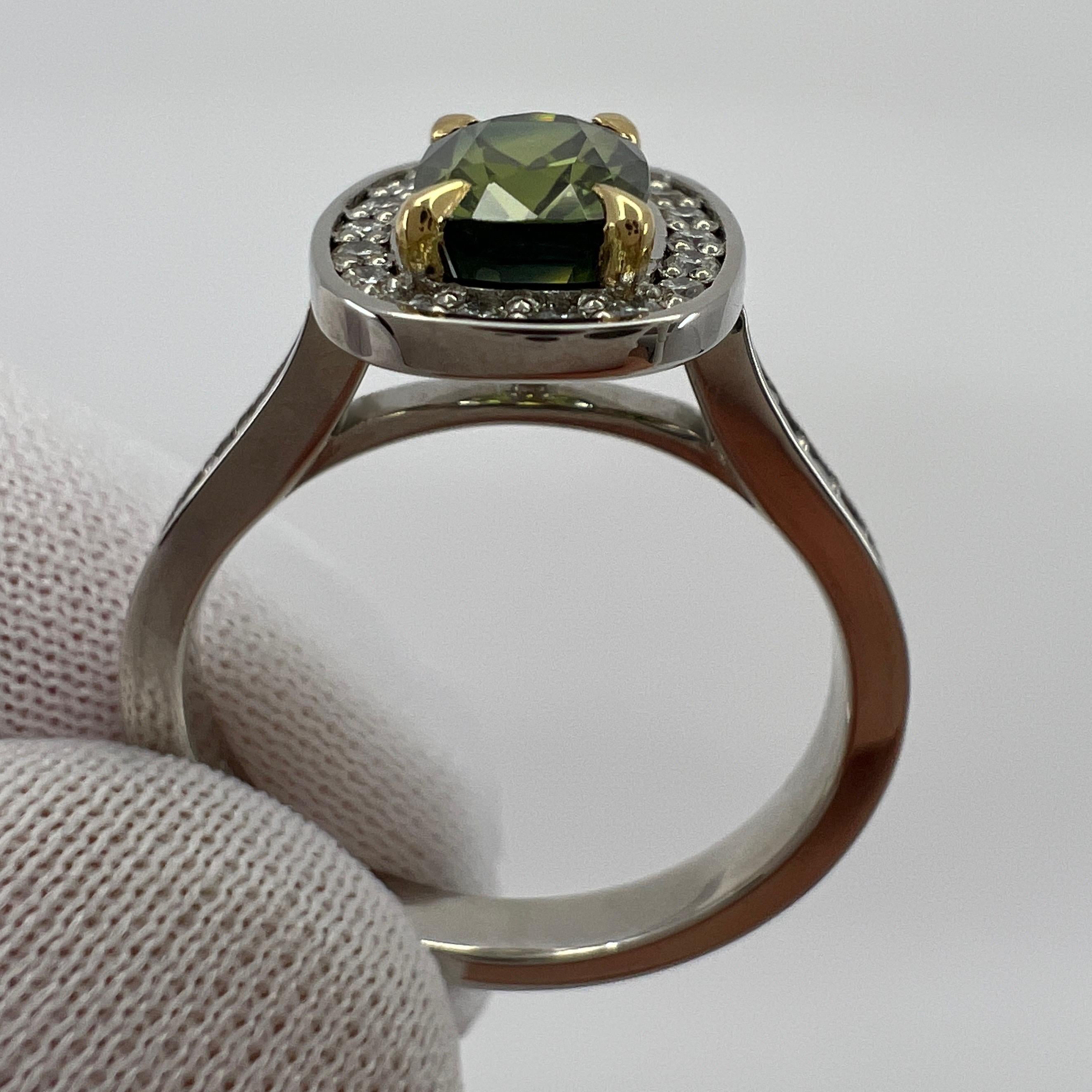 GIA Certified Untreated Vivid Green Thai Sapphire & Diamond 18k Gold Halo Ring For Sale 4