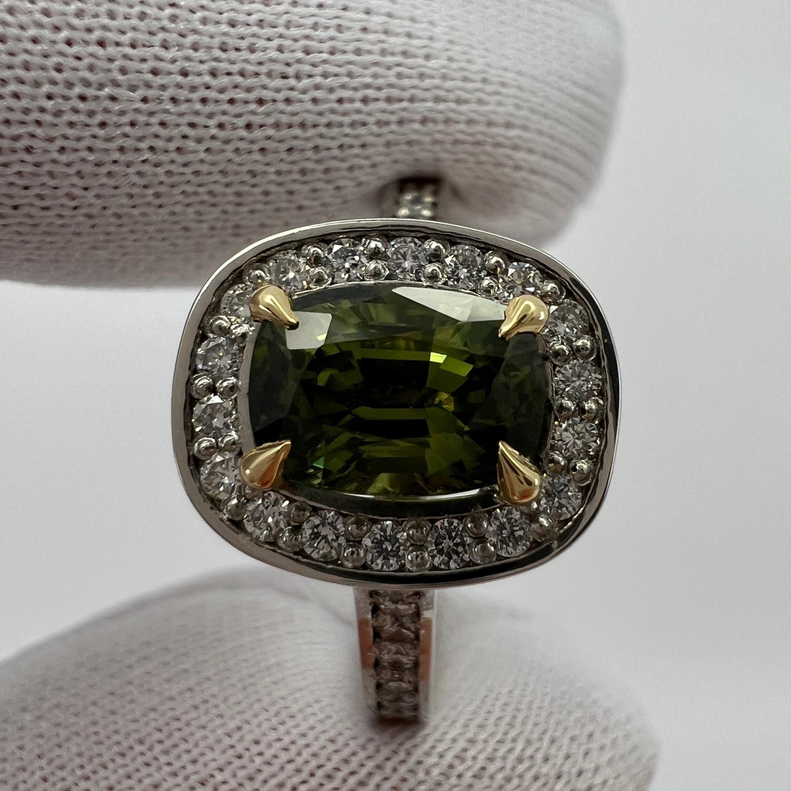 Cushion Cut GIA Certified Untreated Vivid Green Thai Sapphire & Diamond 18k Gold Halo Ring For Sale