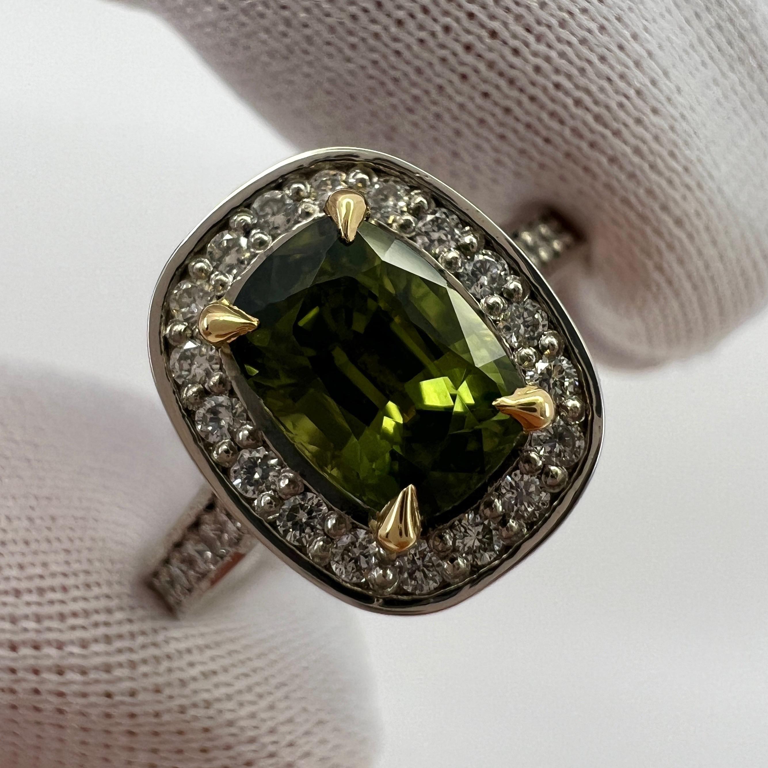 GIA Certified Untreated Vivid Green Thai Sapphire & Diamond 18k Gold Halo Ring For Sale 2