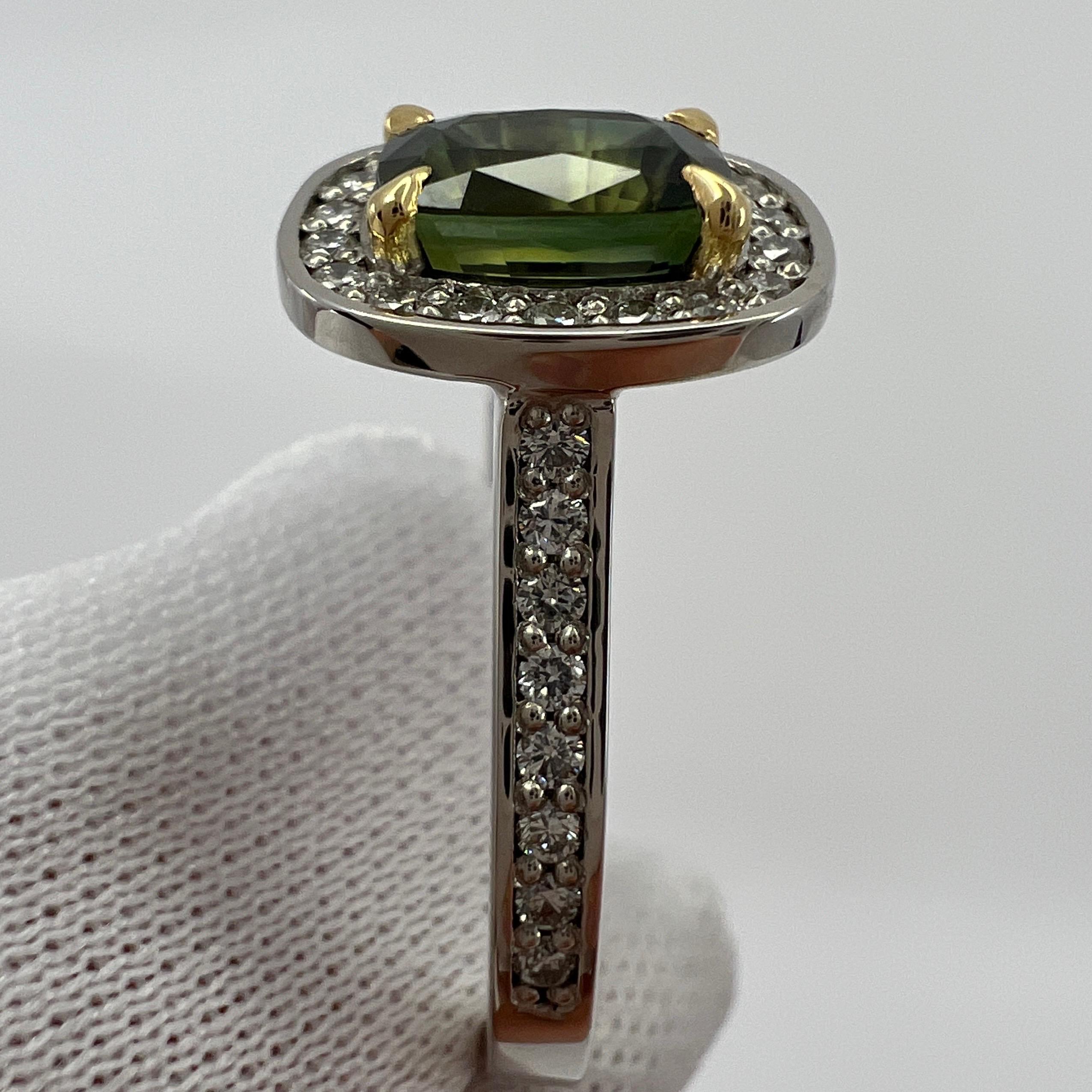 GIA Certified Untreated Vivid Green Thai Sapphire & Diamond 18k Gold Halo Ring For Sale 3