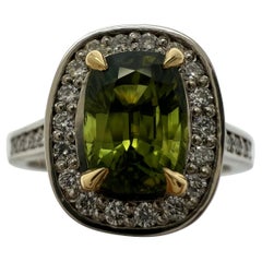 GIA Certified Untreated Vivid Green Thai Sapphire & Diamond 18k Gold Halo Ring