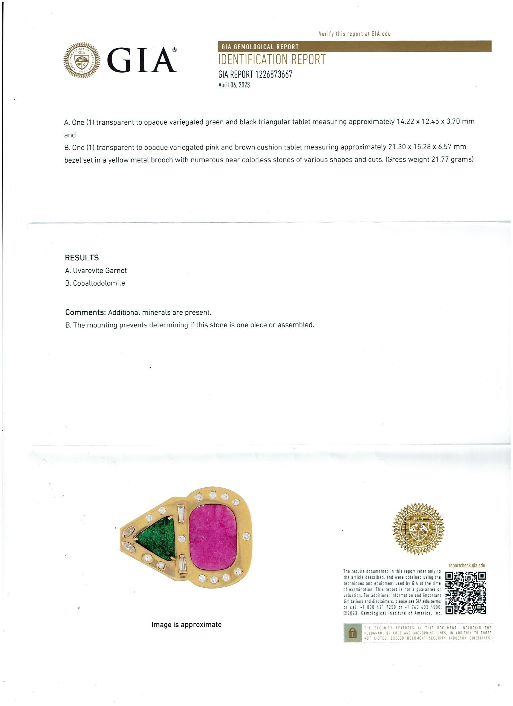 GIA Certified Uvarovite Garnet, Cobaltodolomite, Diamond & Akoya Pearl Necklace/ PIN
The center parts slides out to be used as pin also
For those in search of a truly exceptional piece of jewelry, look no further than this GIA Certified Uvarovite