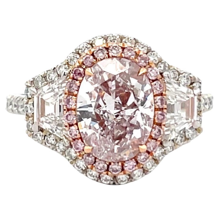 GIA Certified Very Light Pink Oval Halo Engagement Ring 3.21 CTTW Platinum 18KT For Sale