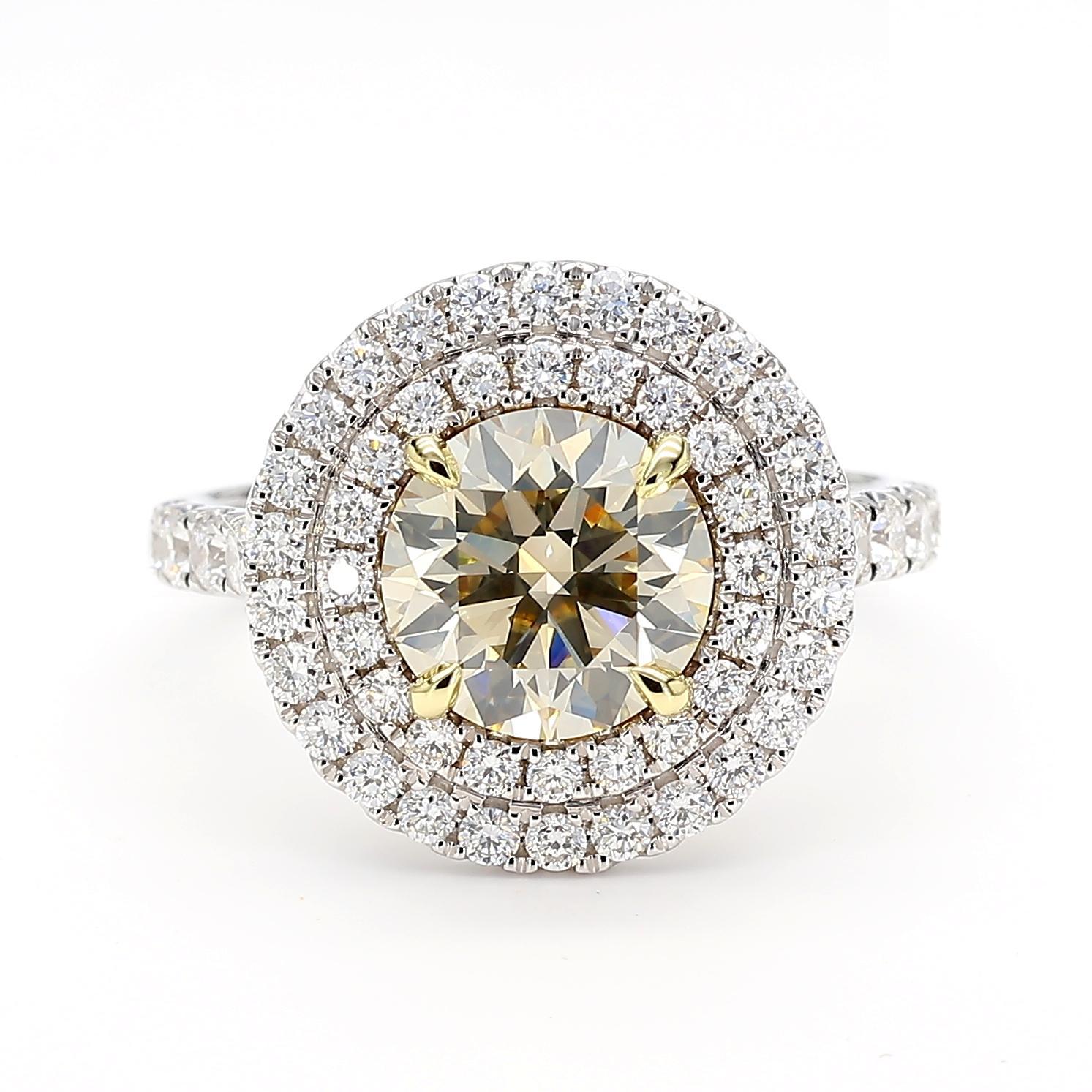 Contemporain Bague de cocktail en or certifiée GIA et contenant un diamant rond jaune très clair de 3,15 carats TW en vente