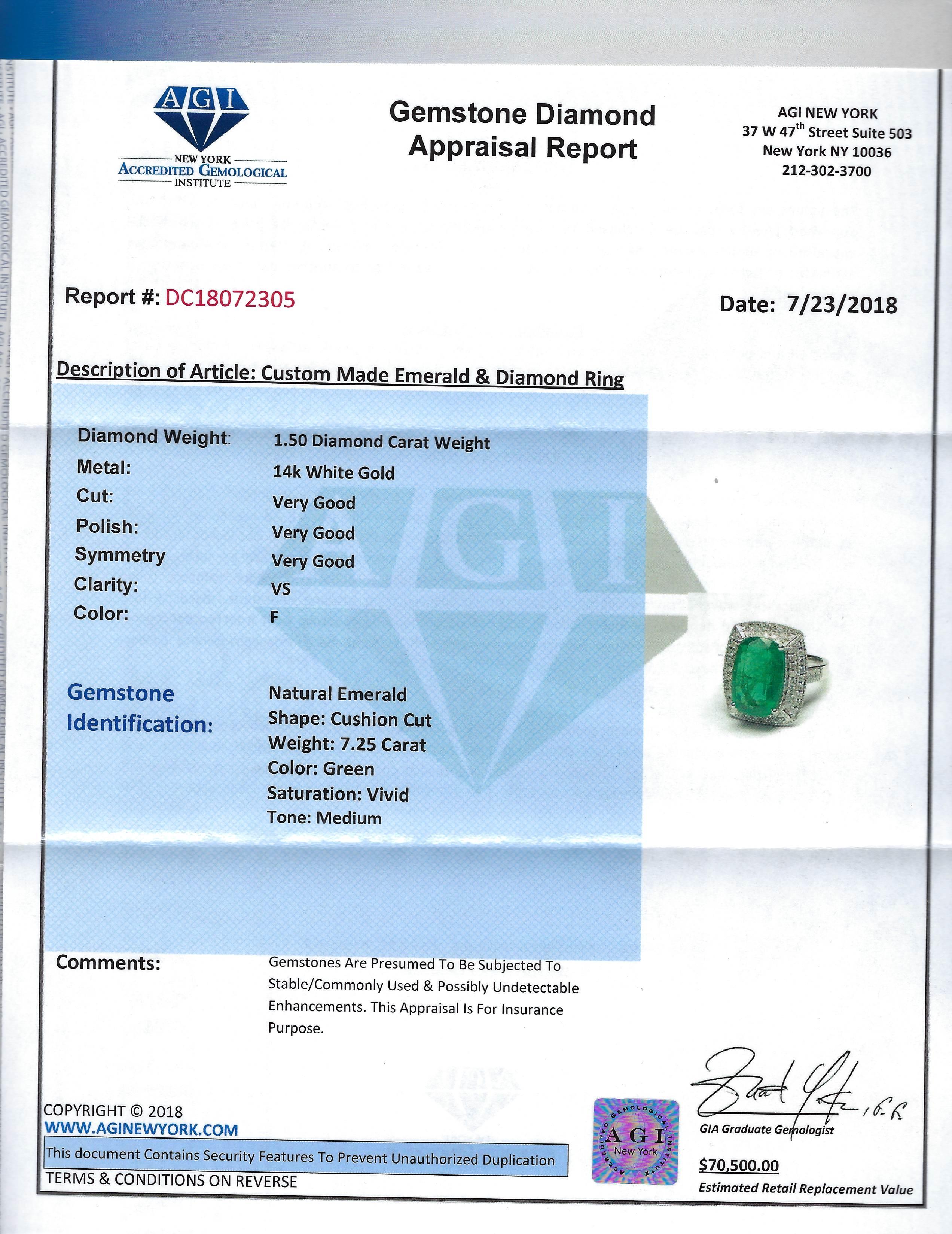 GIA Certified Vibrant 7.25 Carat Emerald & Diamond Ring For Sale 2