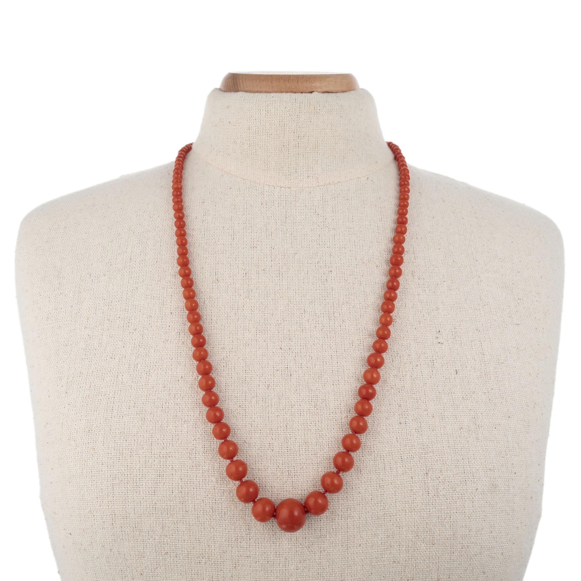 Women's GIA Certified Victorian 1900s Polished Natural Orange Coral Graduated Necklace