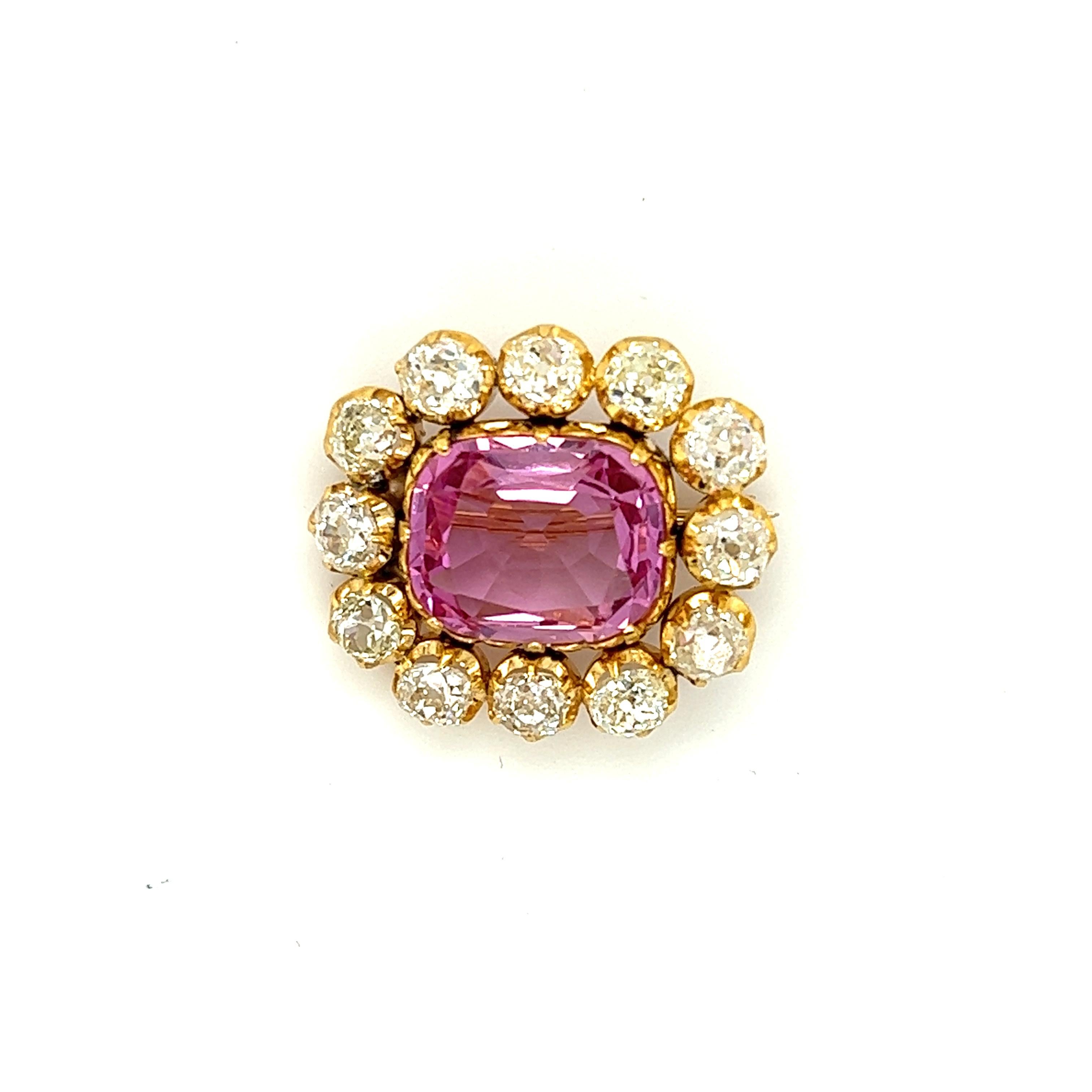 Women's or Men's GIA Certified Victorian Pink Topaz & Old Mine Cut Diamond Brooch
