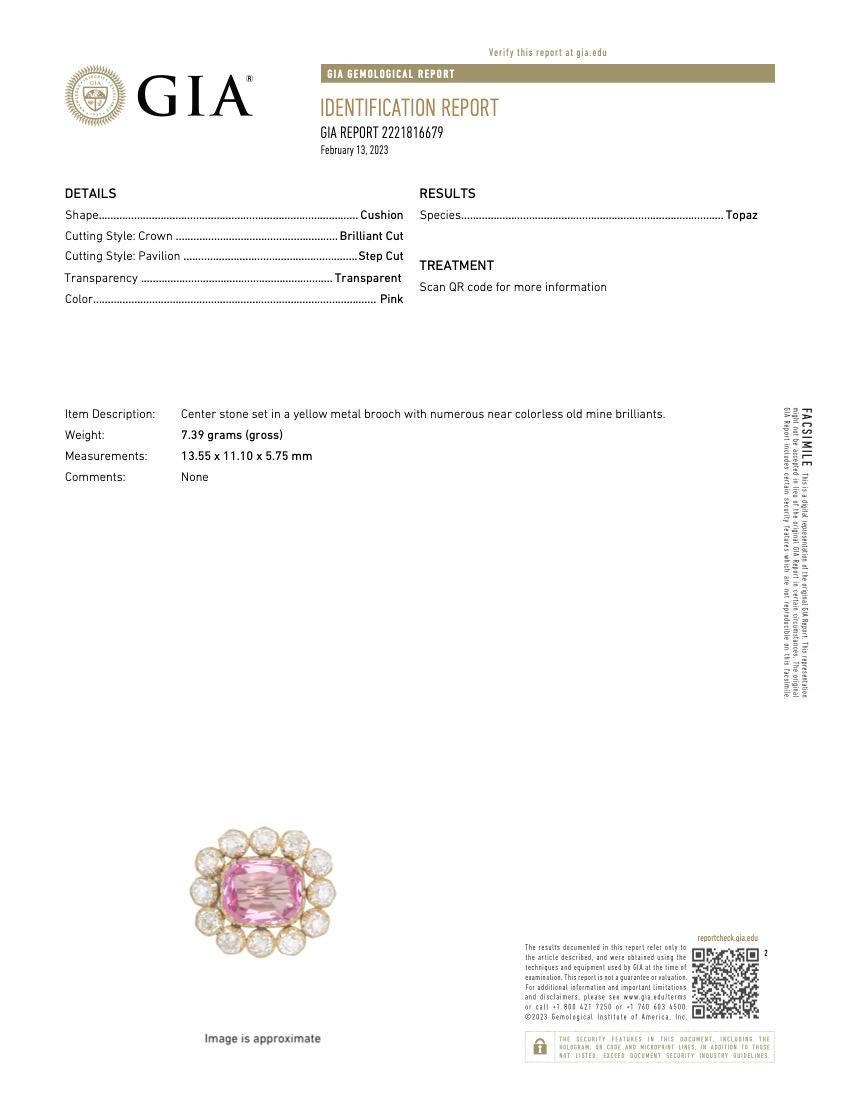 GIA Certified Victorian Pink Topaz & Old Mine Cut Diamond Brooch 4