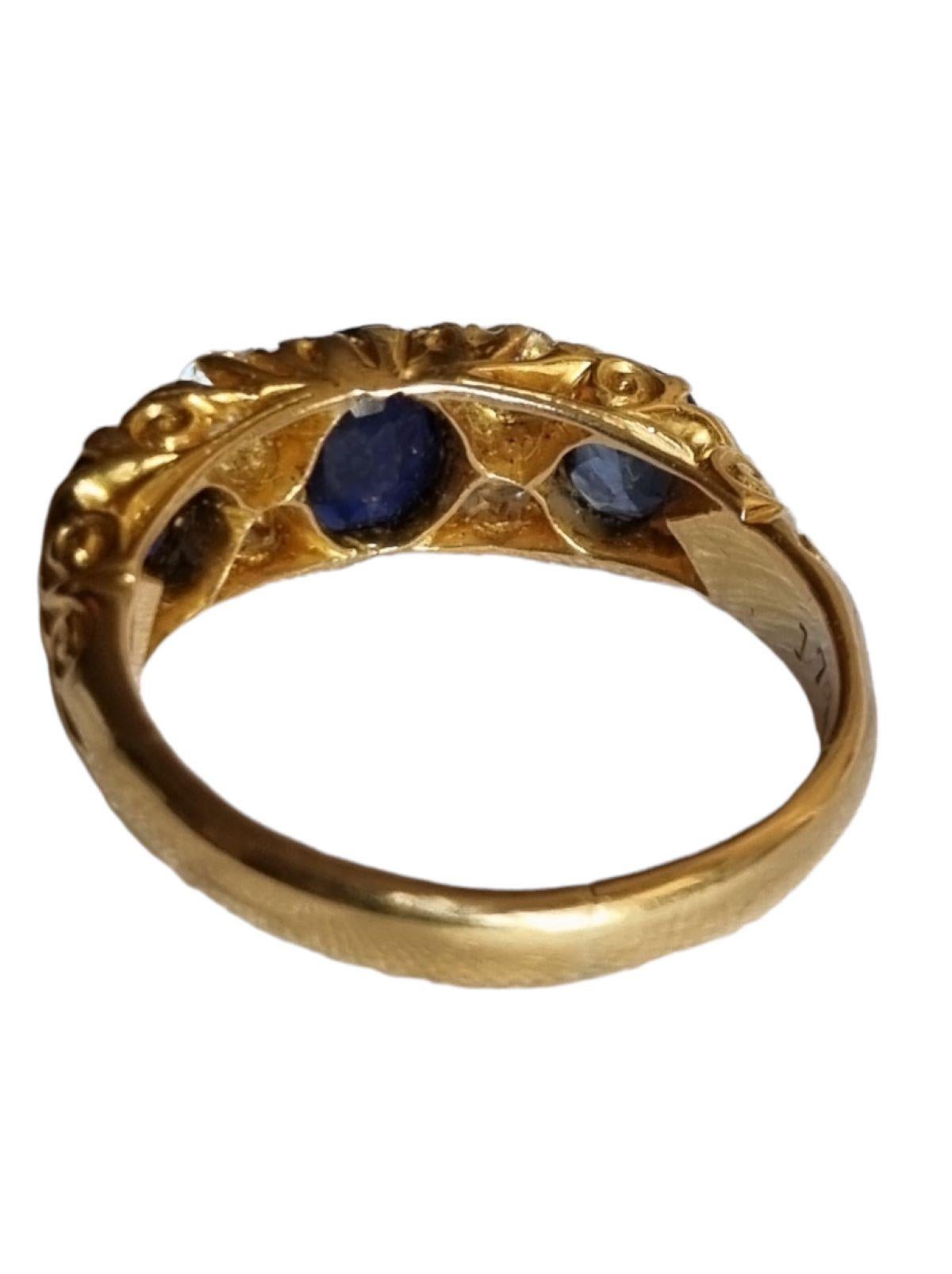 Women's GIA certified Victorian Three Stone Blue Sapphire and Diamond Ring For Sale