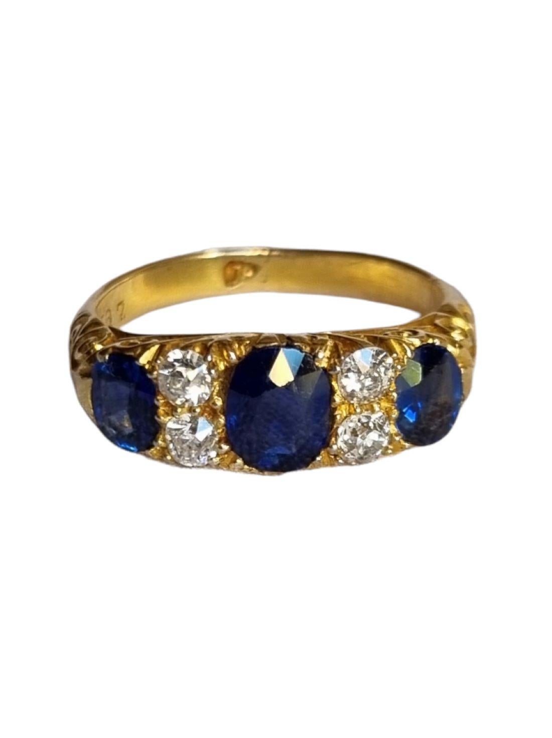 GIA certified Victorian Three Stone Blue Sapphire and Diamond Ring For Sale 1
