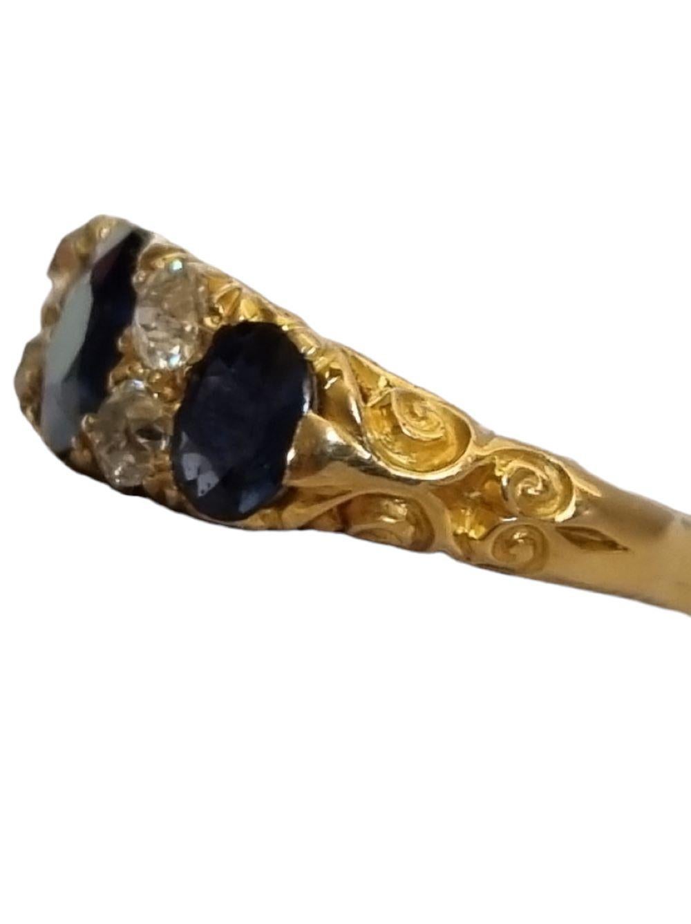GIA certified Victorian Three Stone Blue Sapphire and Diamond Ring For Sale 3