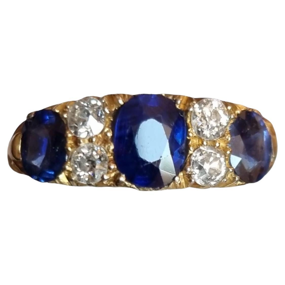 GIA certified Victorian Three Stone Blue Sapphire and Diamond Ring For Sale