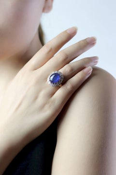 GIA Certified Vintage 14KT Gold Sapphire Cabochon Diamond Ring