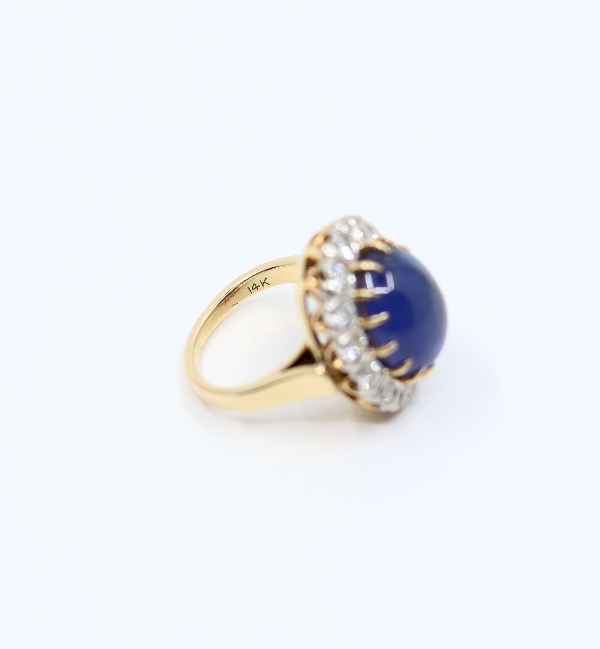 GIA Certified Vintage 14KT Gold Sapphire Cabochon Diamond Ring For Sale 4