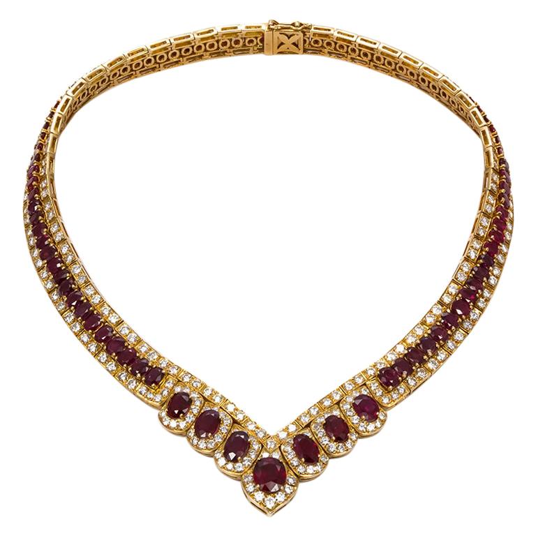 GIA Certified Vintage 18 Karat Yellow Gold Diamond and Ruby Graduated Necklace