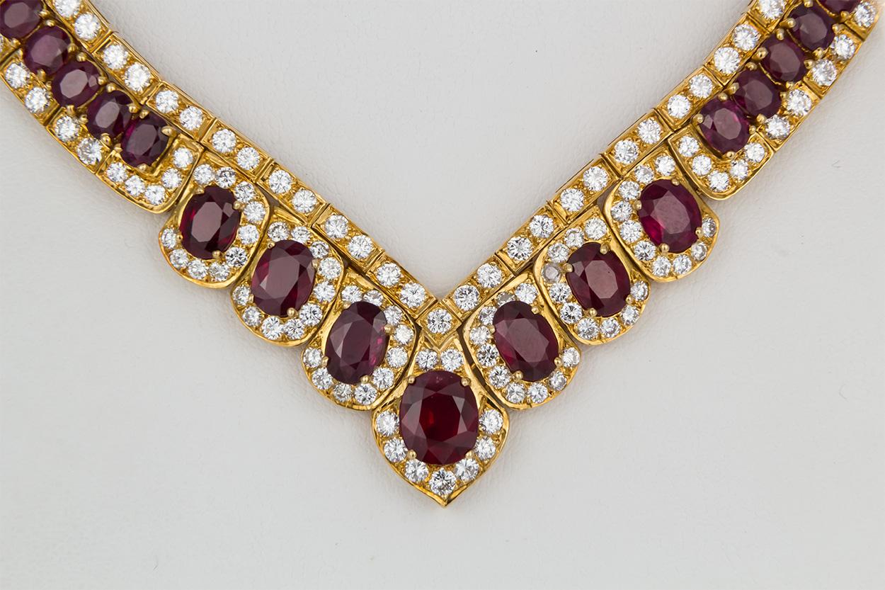 Women's GIA Certified Vintage 18 Karat Yellow Gold Diamond and Ruby Graduated Necklace