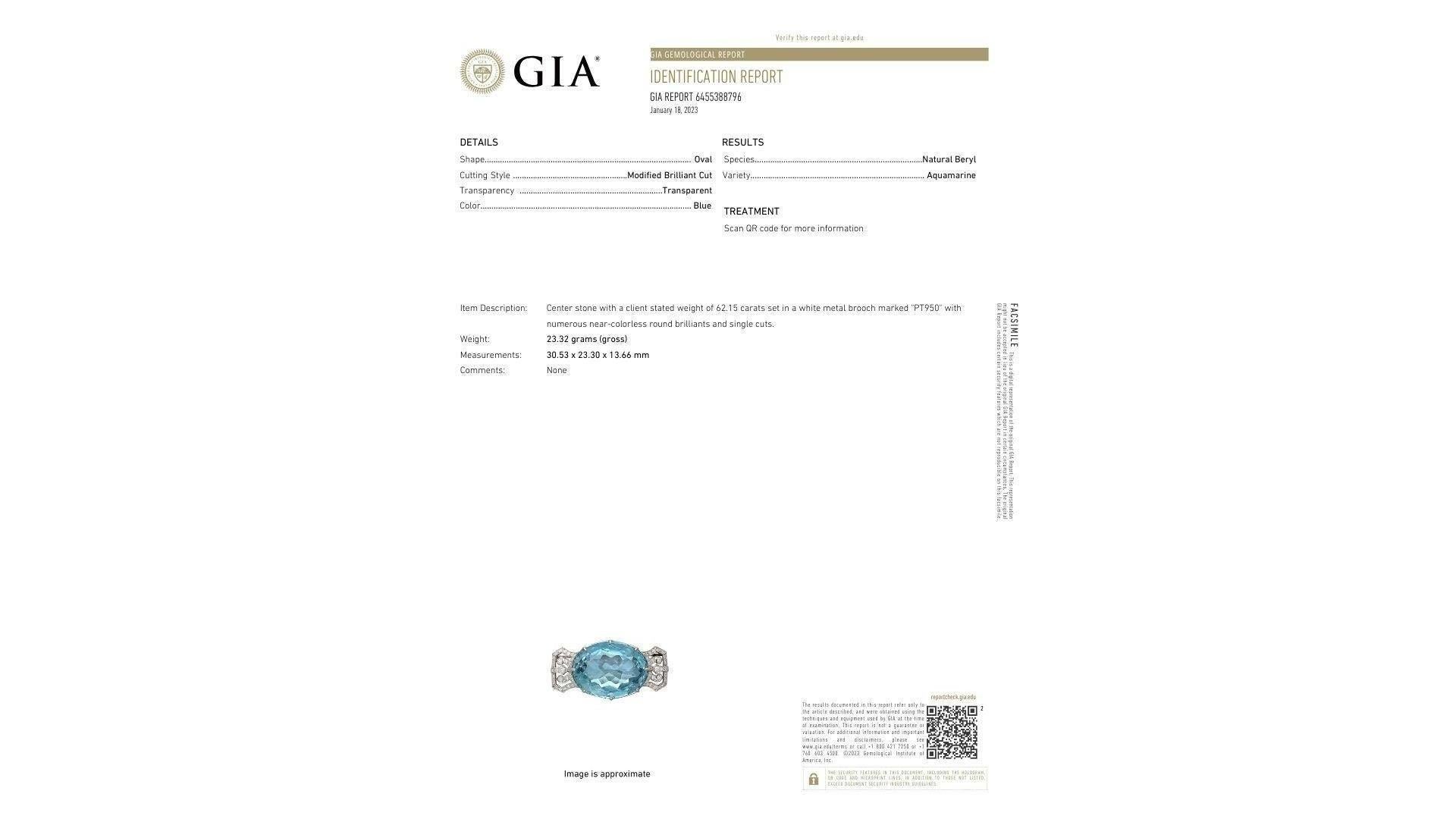 GIA Certified Vintage 62 Carat Aquamarine with Diamond Platinum Brooch/Pin For Sale 4