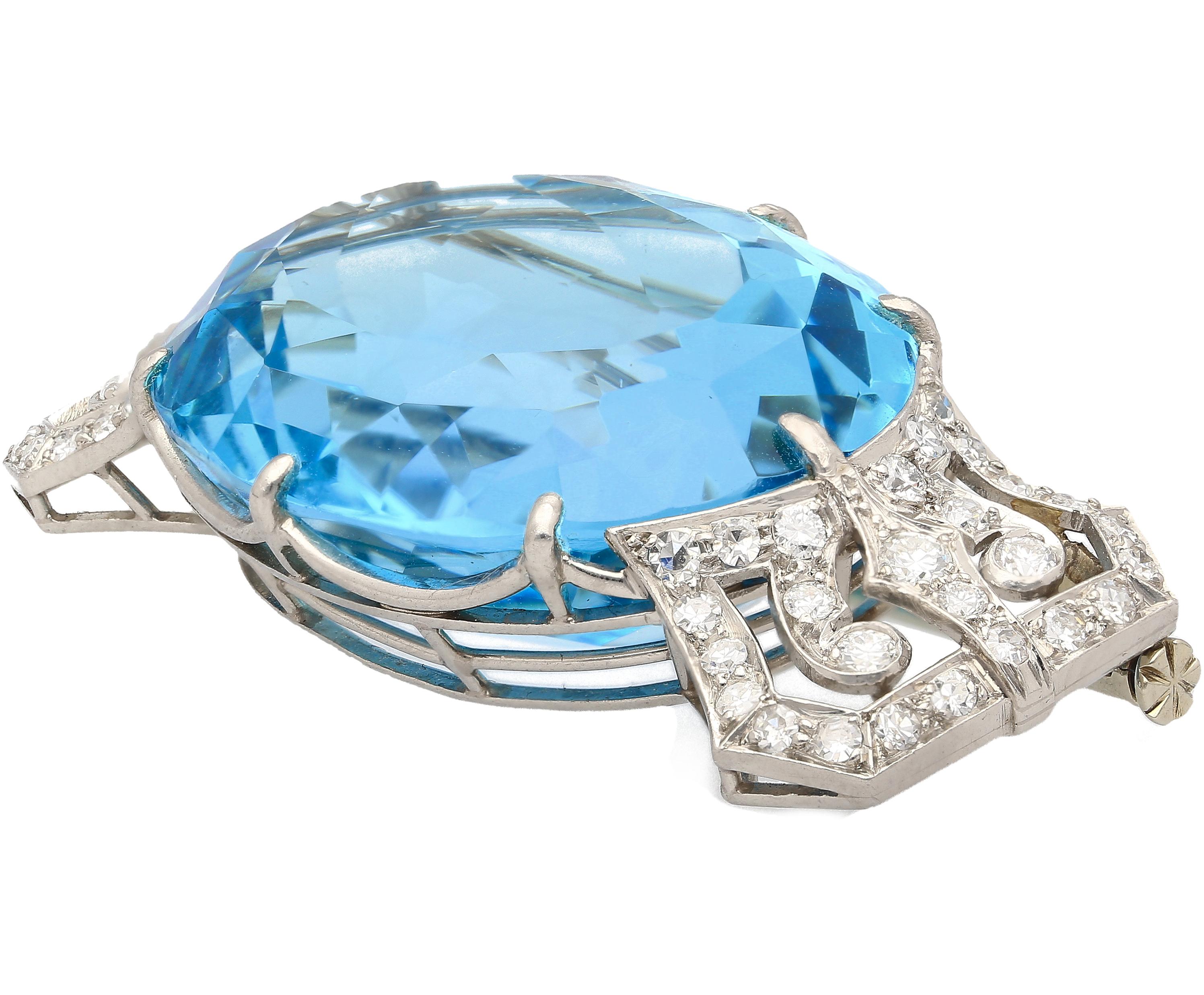Art Deco GIA Certified Vintage 62 Carat Aquamarine with Diamond Platinum Brooch/Pin For Sale