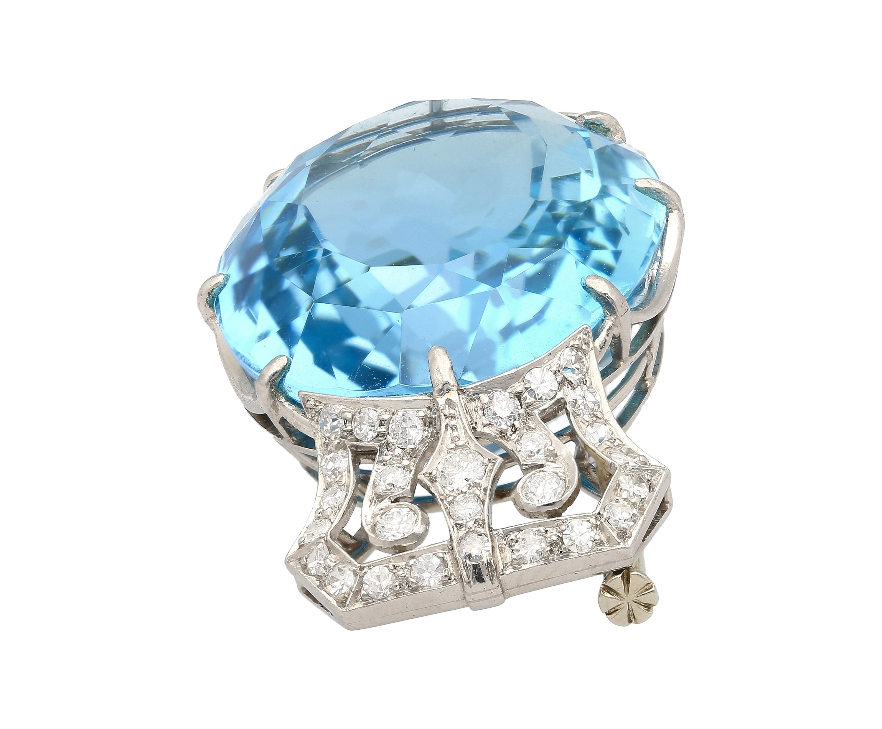 Oval Cut GIA Certified Vintage 62 Carat Aquamarine with Diamond Platinum Brooch/Pin For Sale
