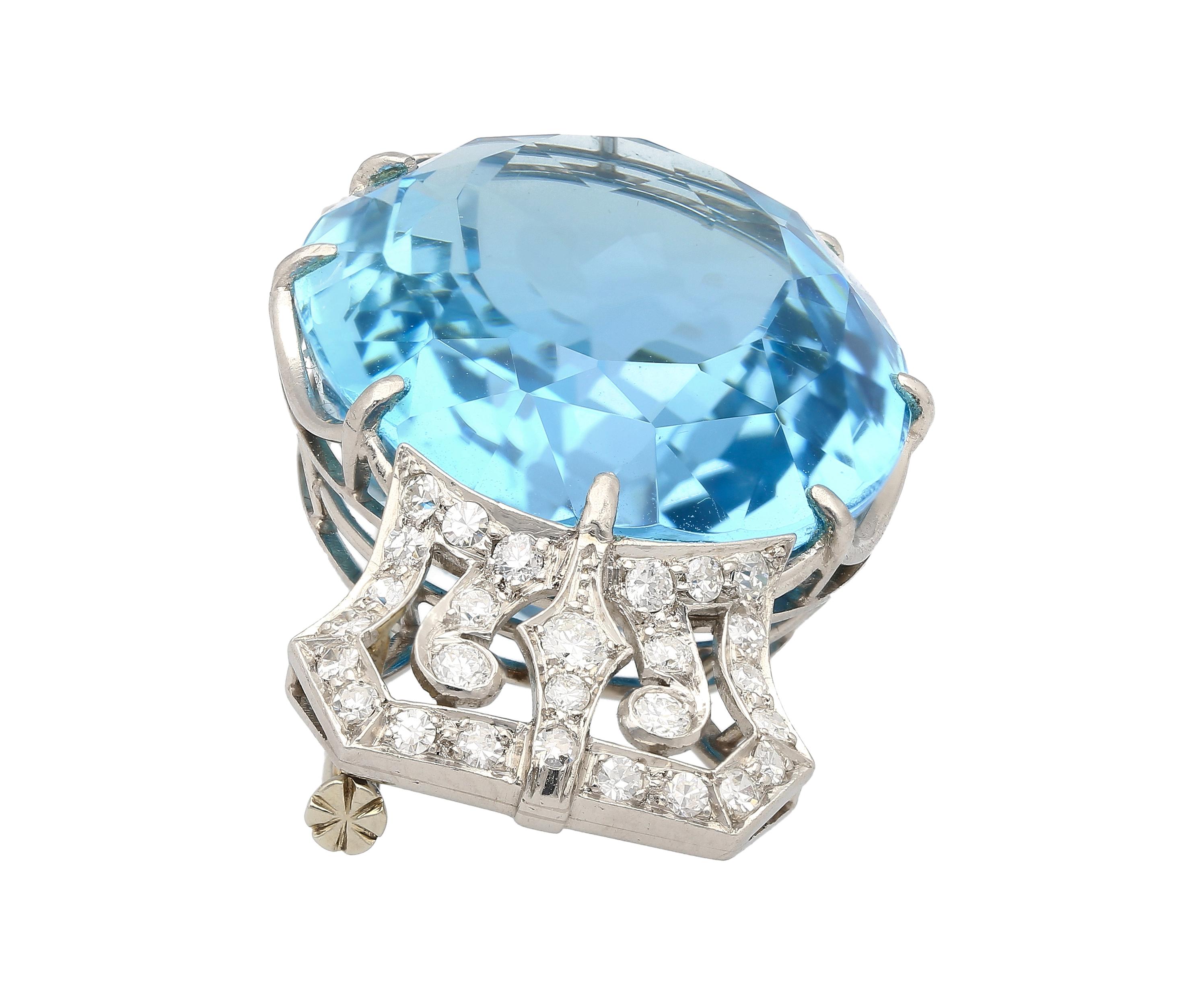 GIA Certified Vintage 62 Carat Aquamarine with Diamond Platinum Brooch/Pin In New Condition For Sale In Miami, FL