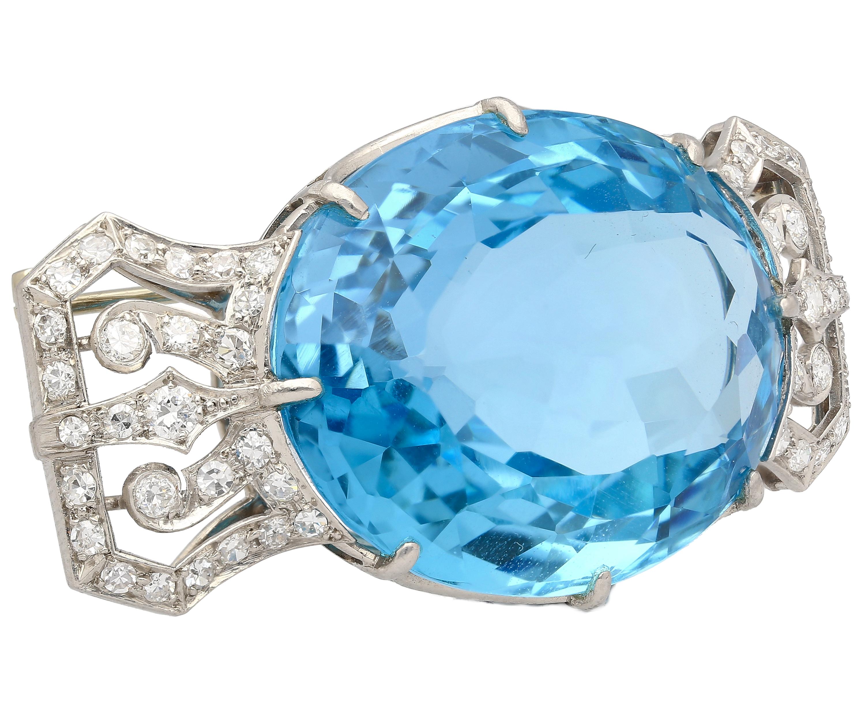 Women's GIA Certified Vintage 62 Carat Aquamarine with Diamond Platinum Brooch/Pin For Sale