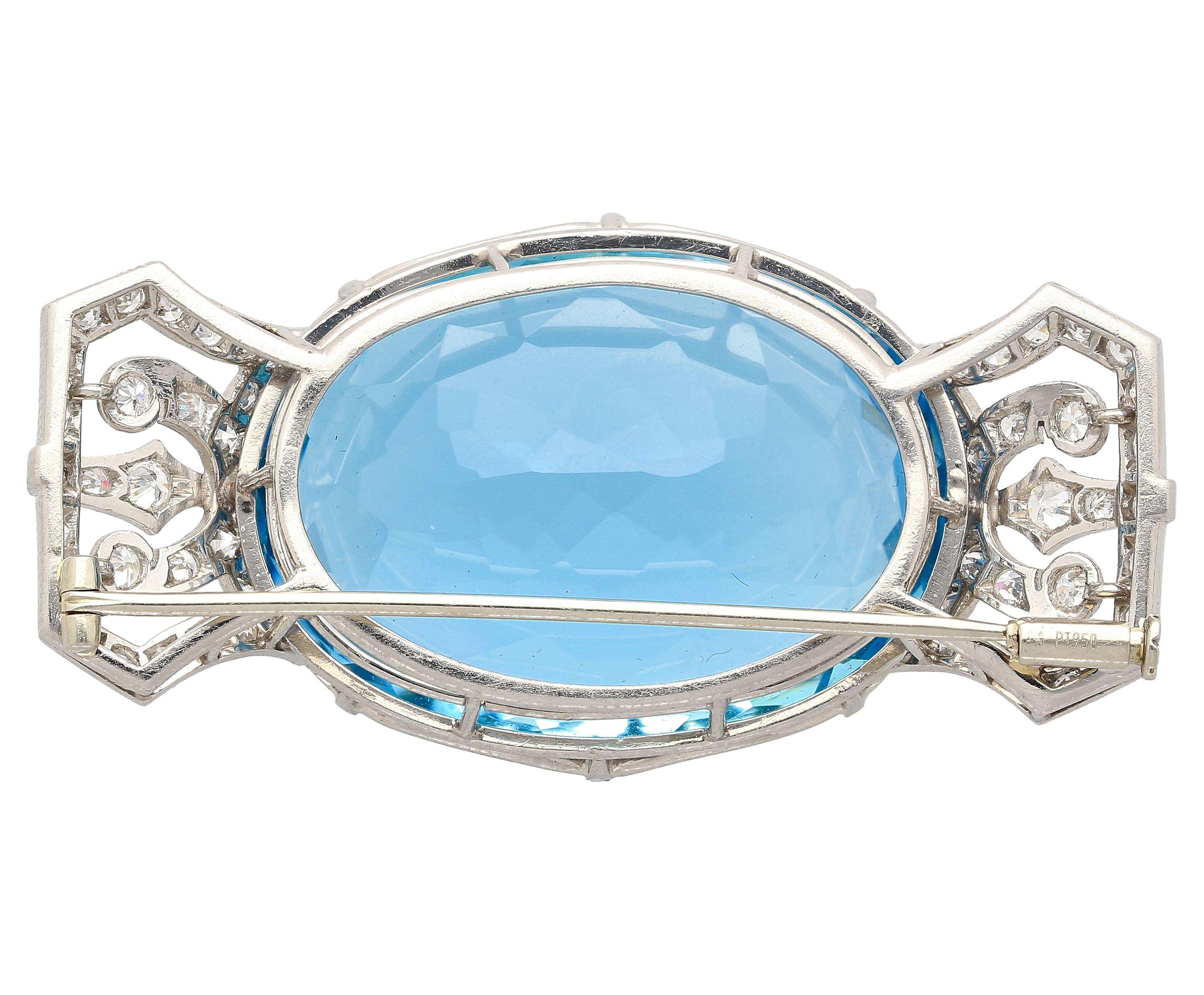 GIA Certified Vintage 62 Carat Aquamarine with Diamond Platinum Brooch/Pin For Sale 3
