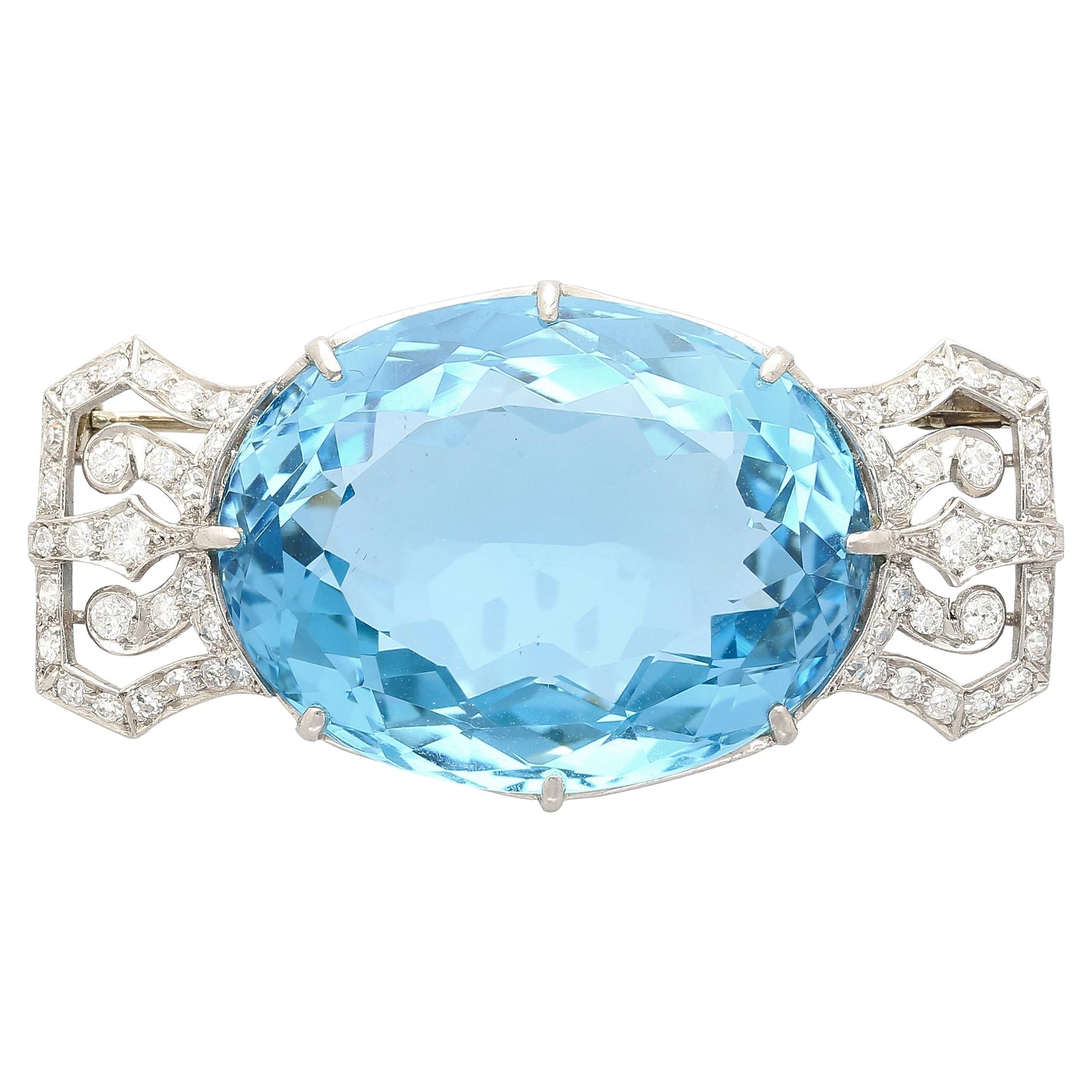 GIA Certified Vintage 62 Carat Aquamarine with Diamond Platinum Brooch/Pin For Sale