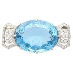 GIA Certified Vintage 62 Carat Aquamarine with Diamond Platinum Brooch/Pin