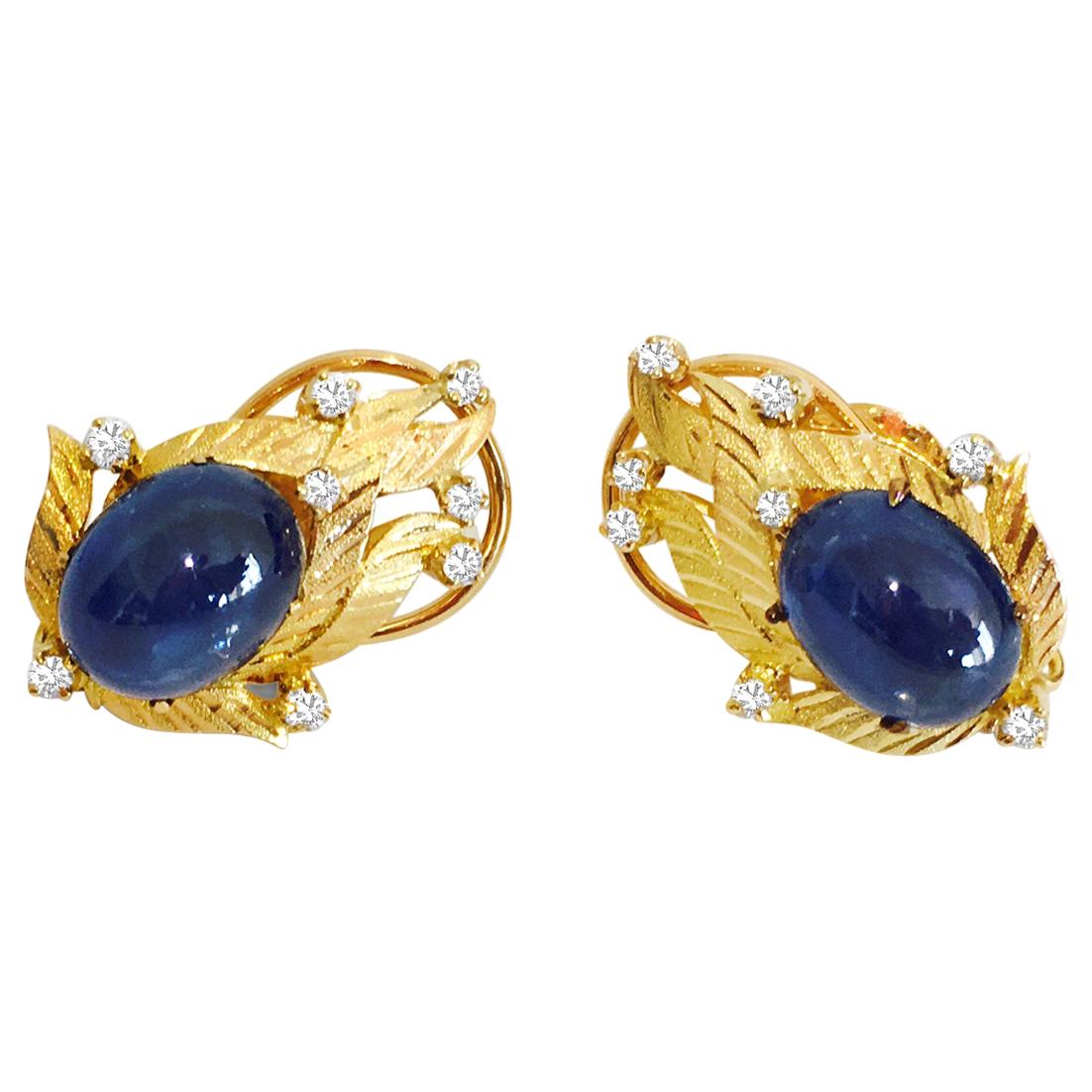 GIA Certified Vintage Cabochon Blue Sapphire Diamond Earrings For Sale