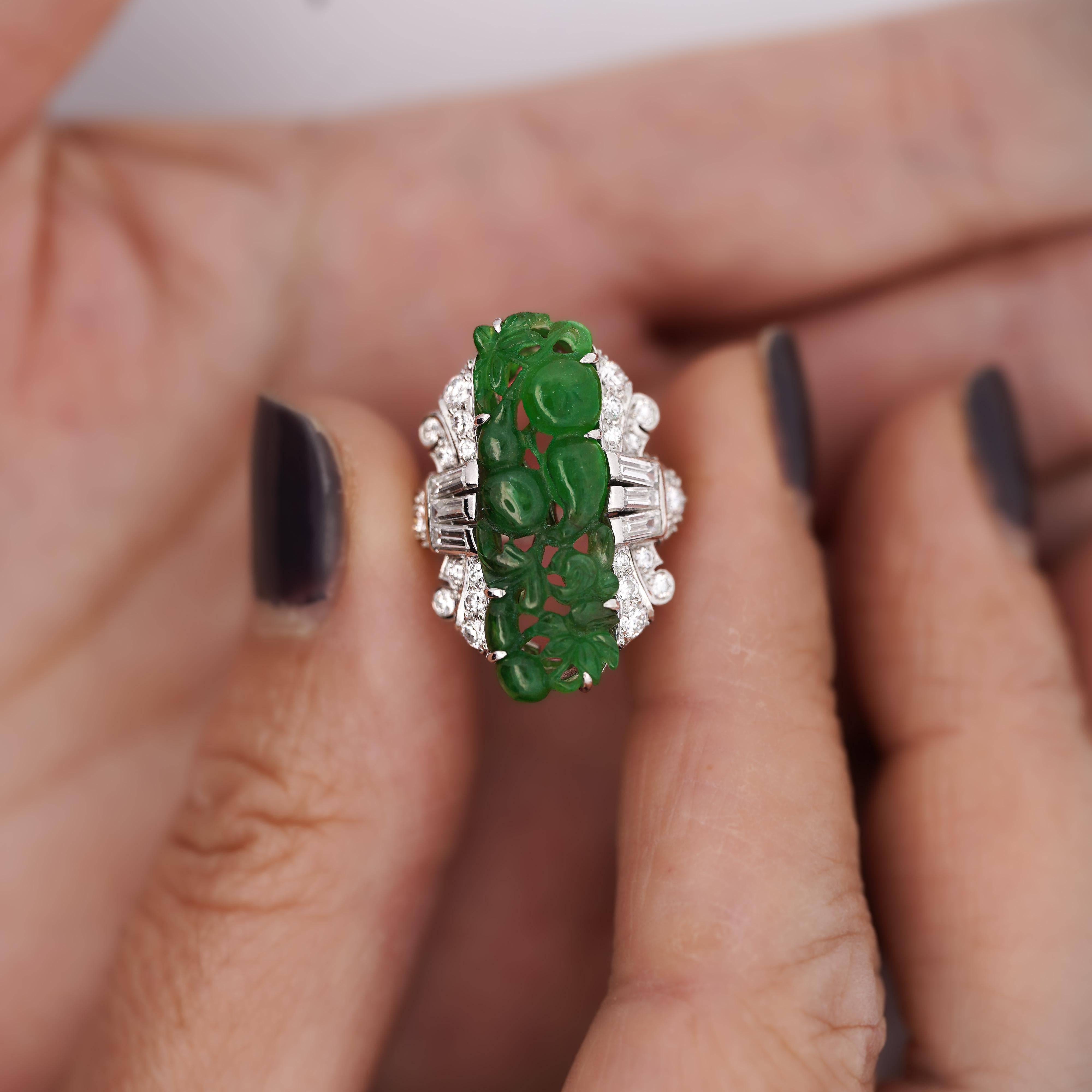 Empire GIA Certified Vintage Carved Jadeite Jade & Diamond Statement Ring For Sale