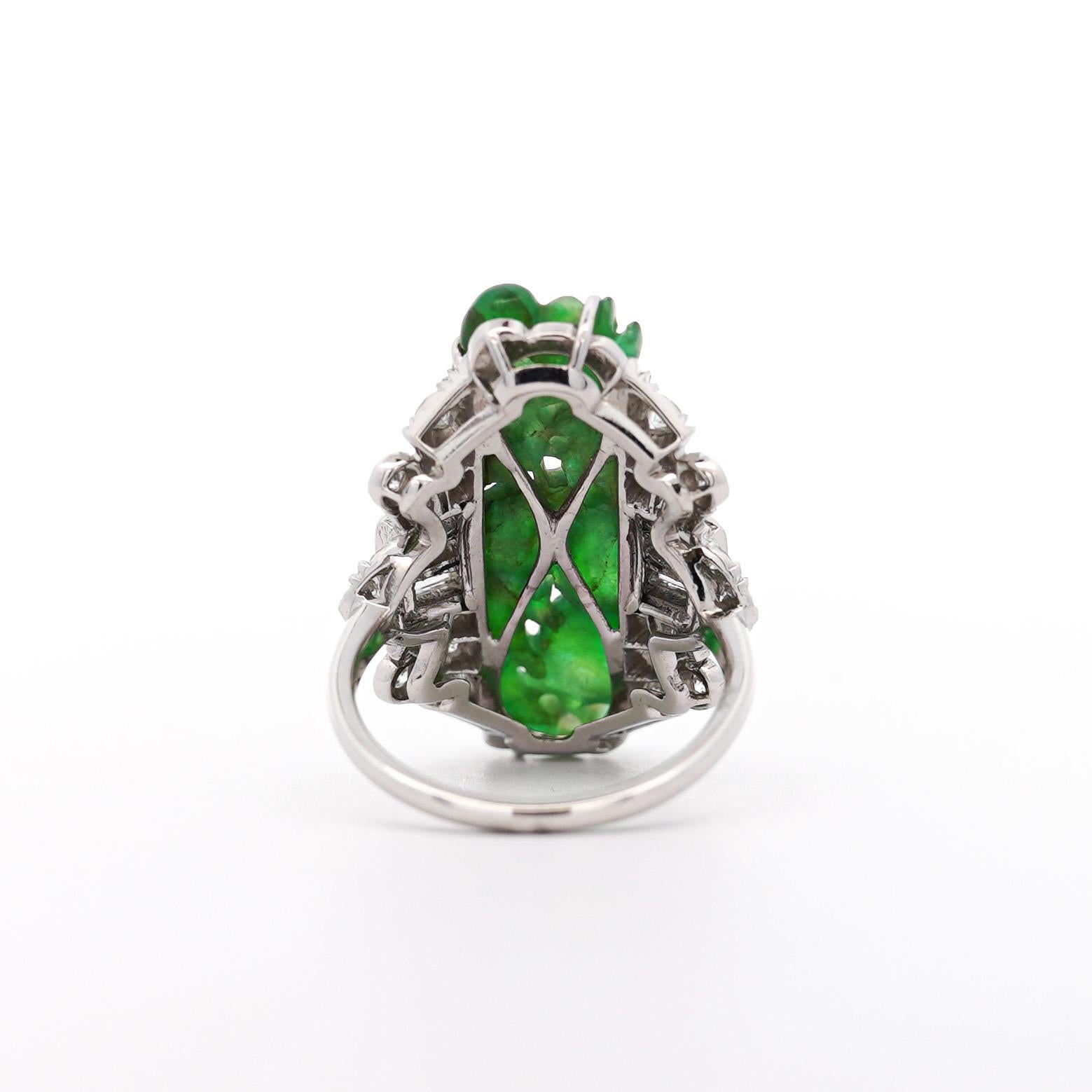Uncut GIA Certified Vintage Carved Jadeite Jade & Diamond Statement Ring For Sale