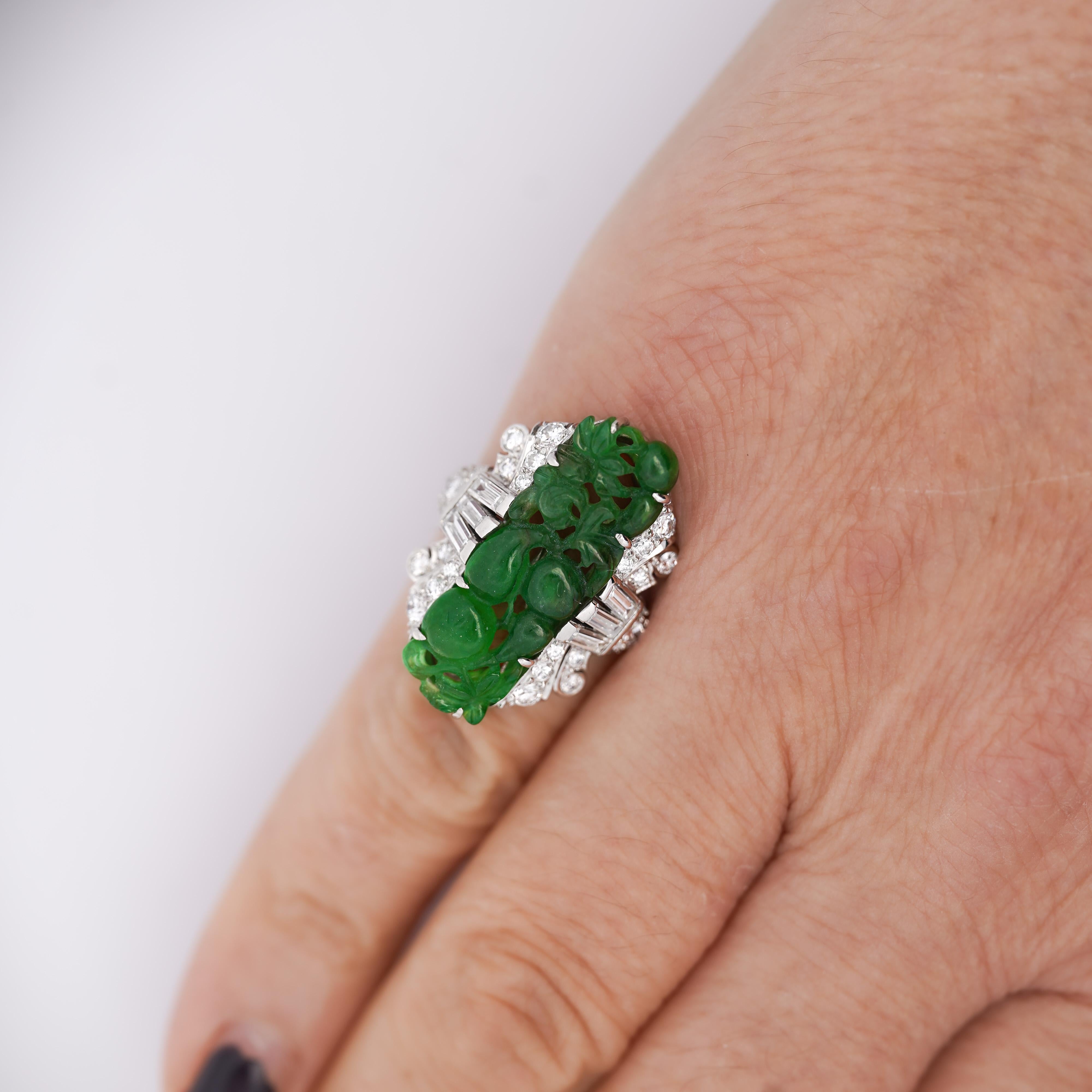 Women's GIA Certified Vintage Carved Jadeite Jade & Diamond Statement Ring For Sale
