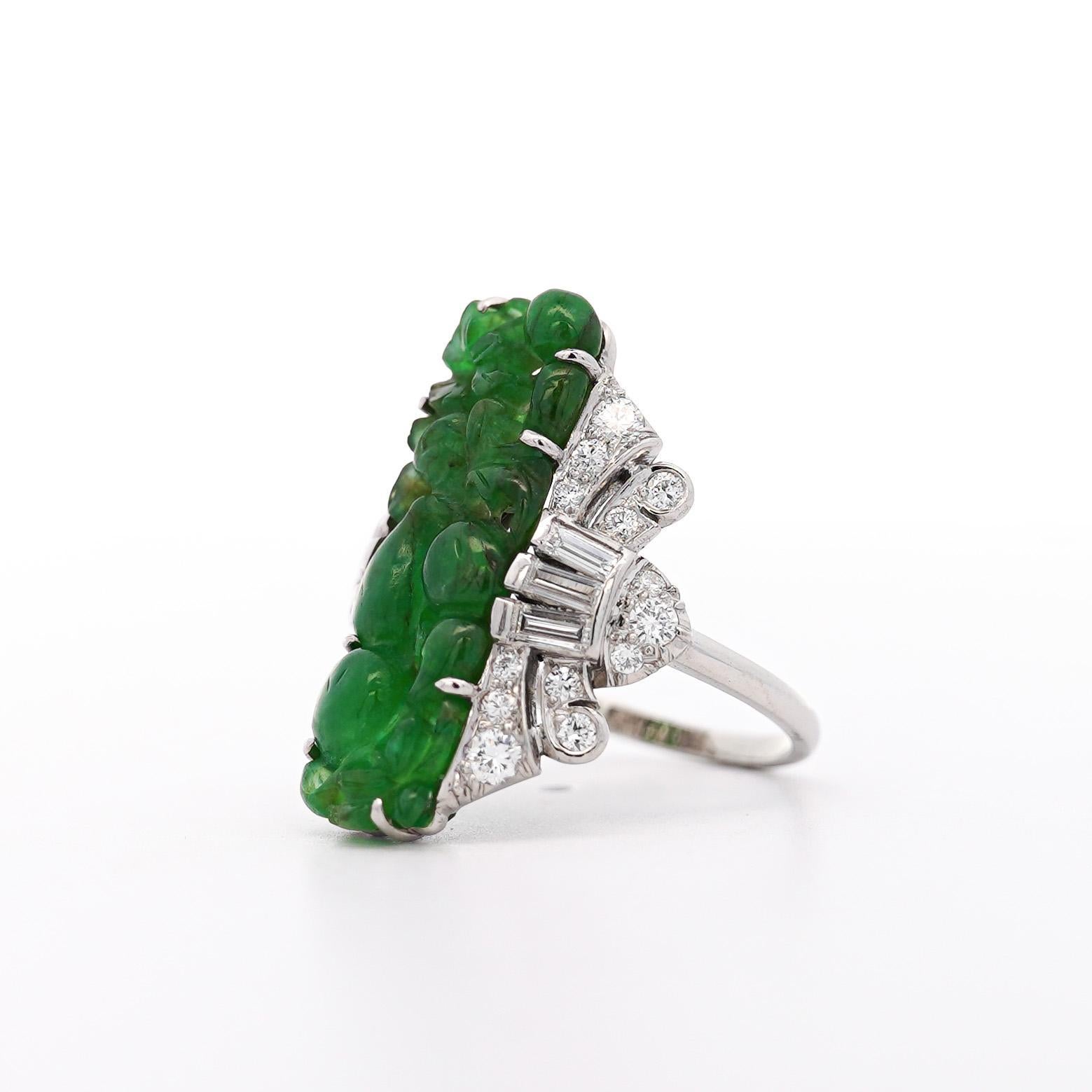 GIA Certified Vintage Carved Jadeite Jade & Diamond Statement Ring For Sale 3